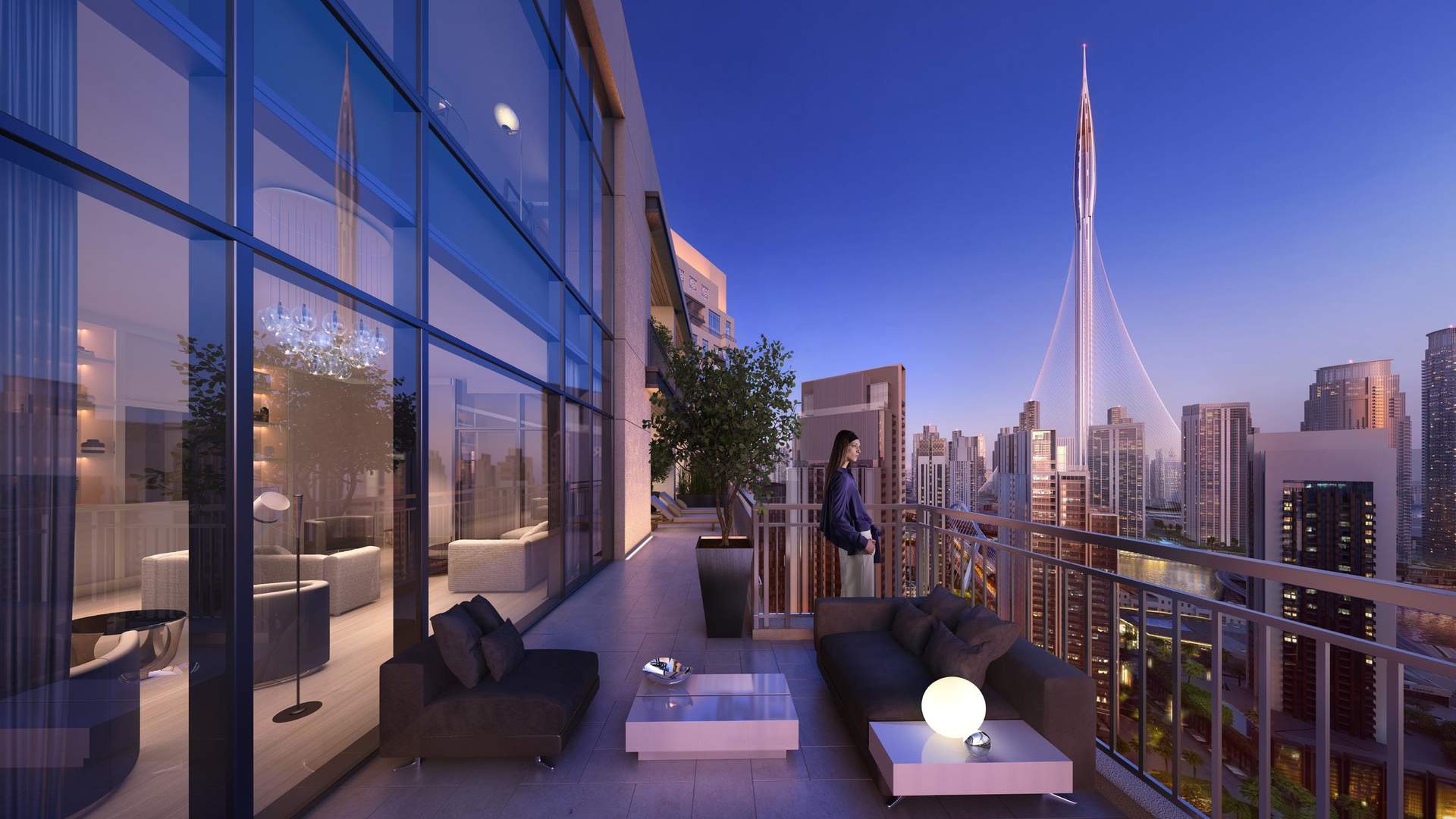 Luxury living room in Creek Rise apartment, Dubai Creek Harbour, with skyline view