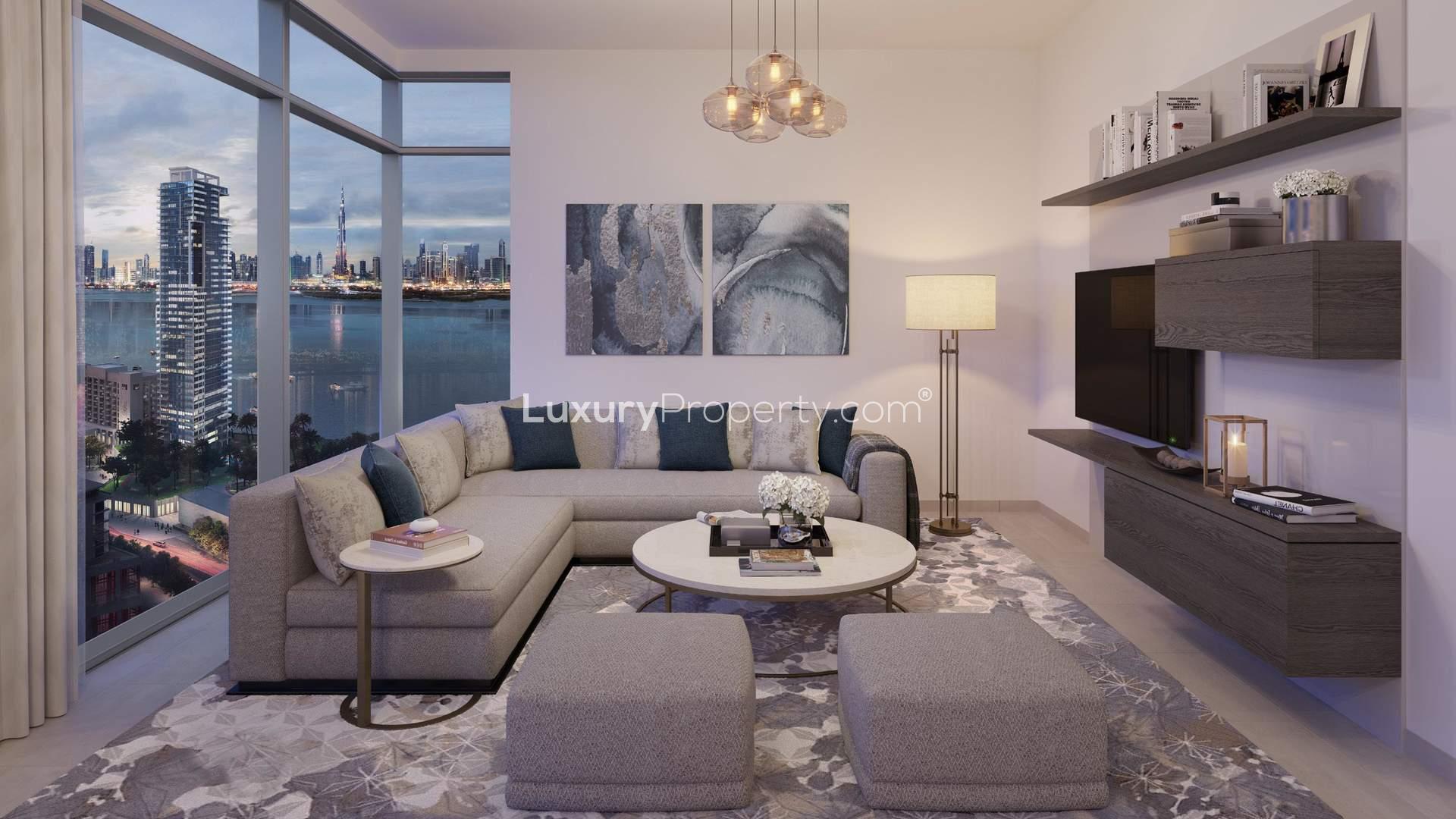 Luxurious bedroom with city skyline view in Creek Rise, Dubai Creek Harbour apartment