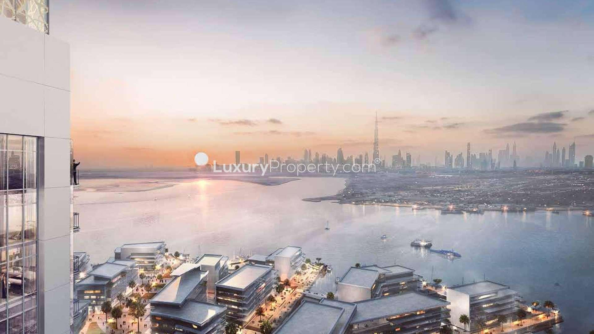 Luxurious bedroom with waterfront view in Creekside 18, Dubai Creek Harbour apartment