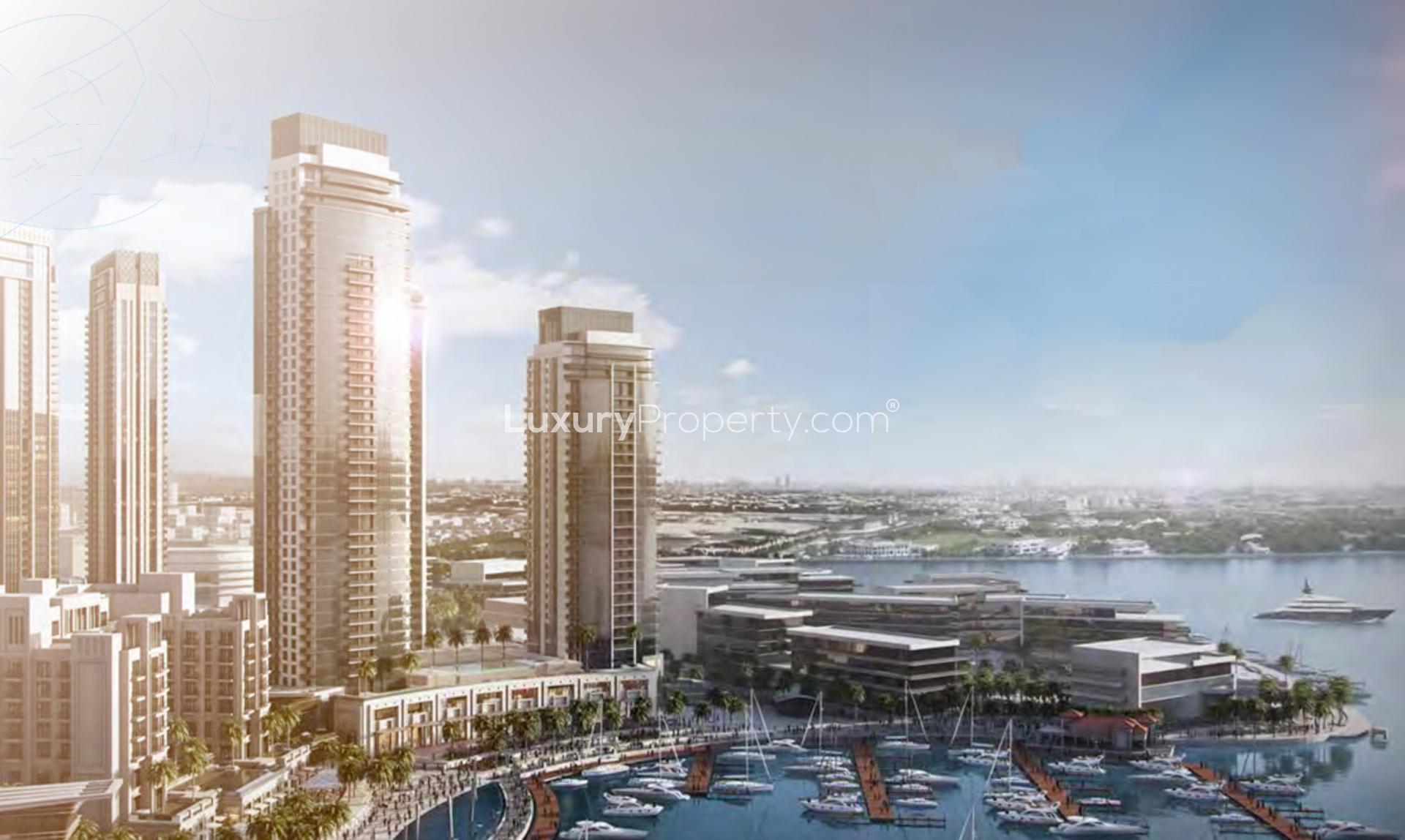 Creekside 18 apartment towers with scenic creek views in Dubai Creek Harbour at sunset