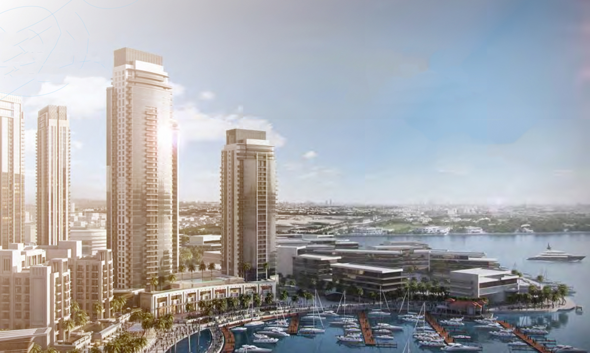 Creekside 18 apartment towers with scenic creek views in Dubai Creek Harbour at sunset