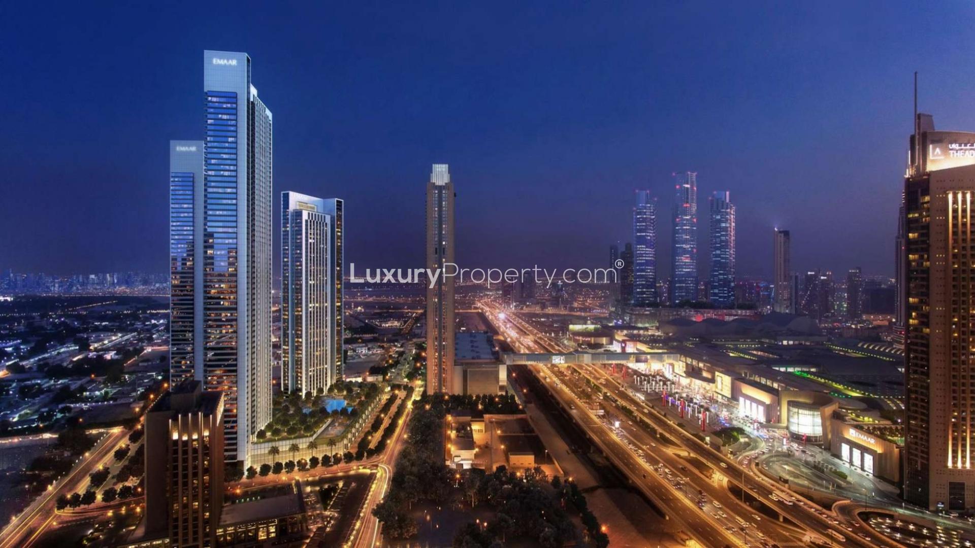 Downtown Dubai skyline view with modern high-rise apartments and iconic architecture at sunset