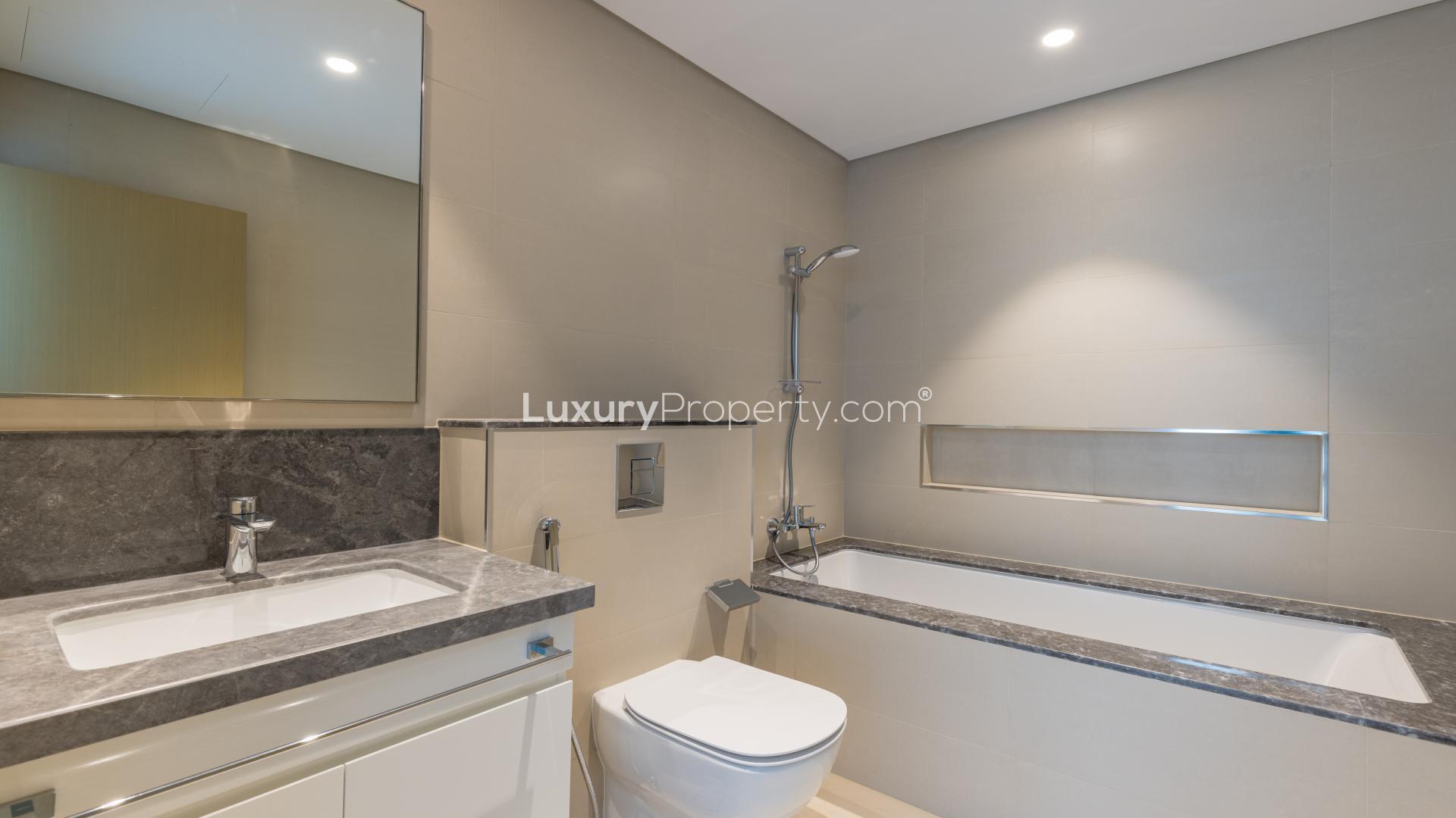 Luxury apartment with Burj Khalifa views, spacious living room, Downtown Dubai skyline visible