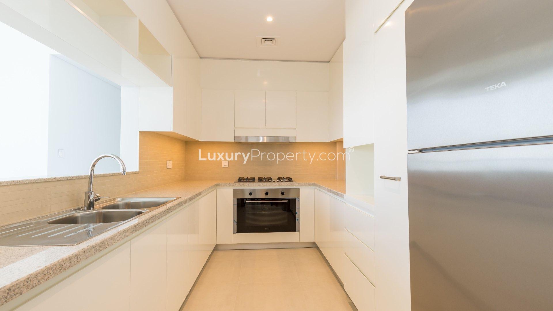 "Spacious Downtown Dubai apartment interior with large windows and modern finishes, high floor view.",Modern kitchen in spacious Downtown Dubai apartment with sleek appliances and ample counter space