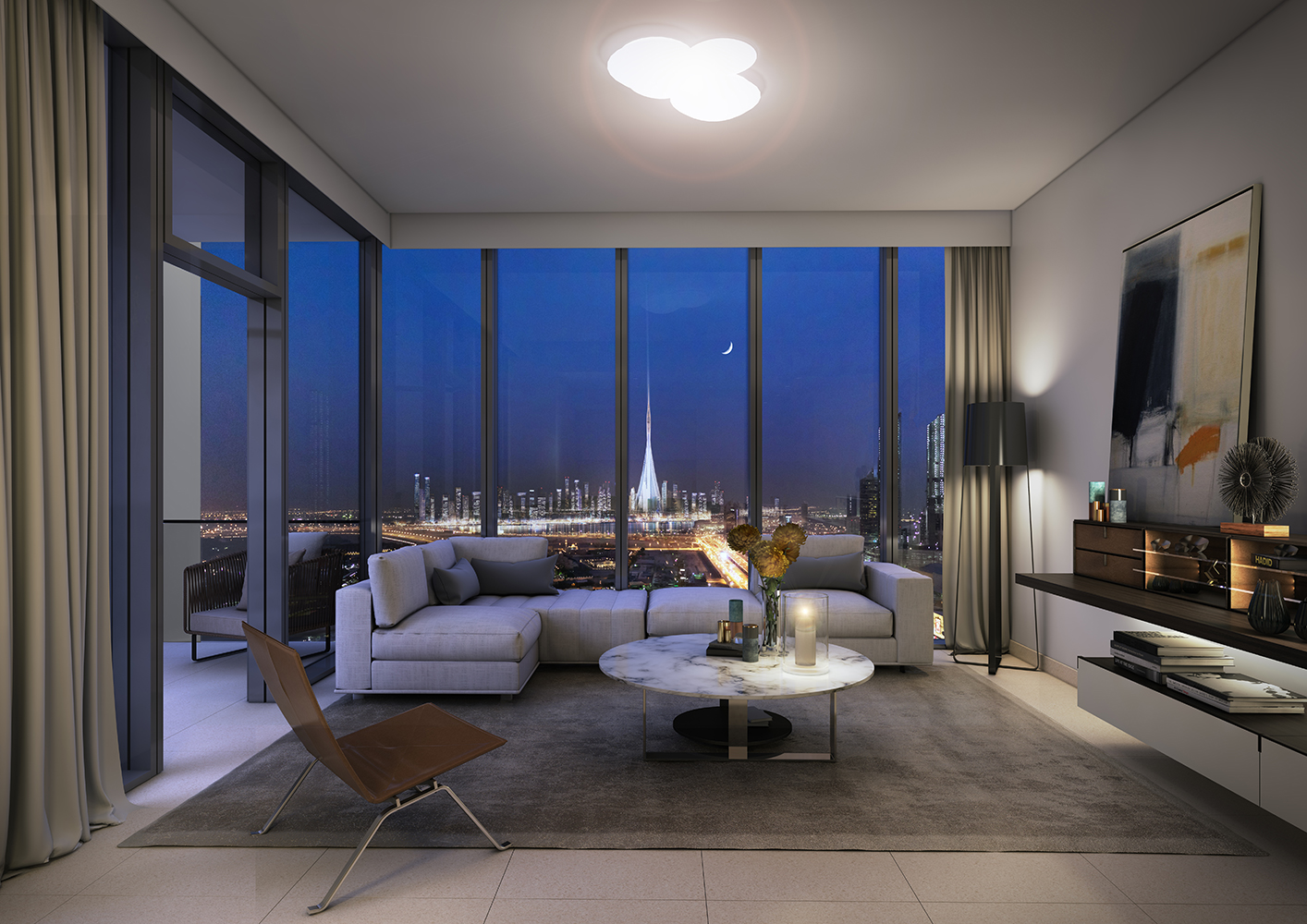Contemporary living room with skyline view in Downtown Views II, Dubai apartment for sale