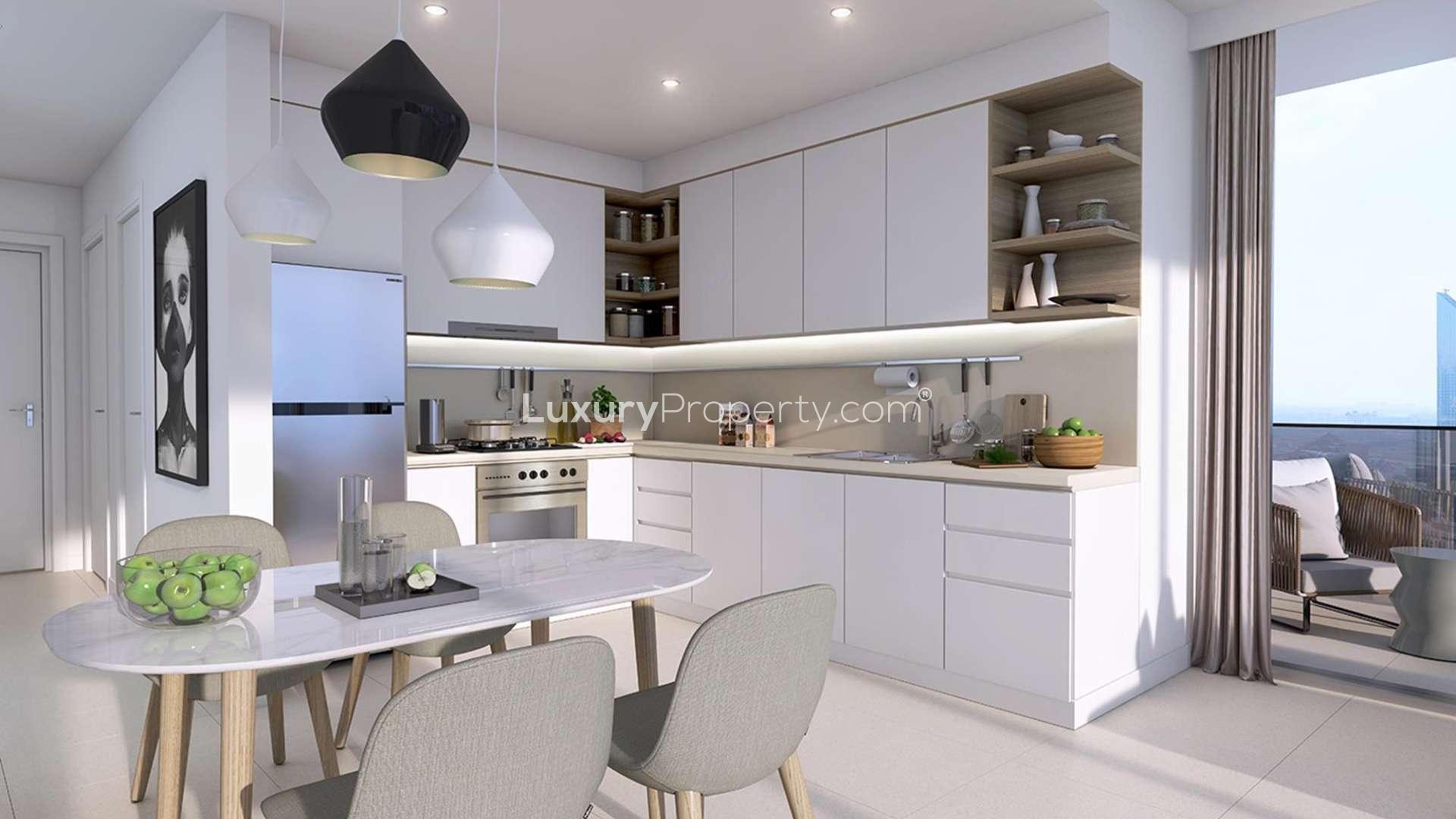 Luxurious Downtown Dubai apartment living room with Burj Khalifa view, modern decor, spacious layout