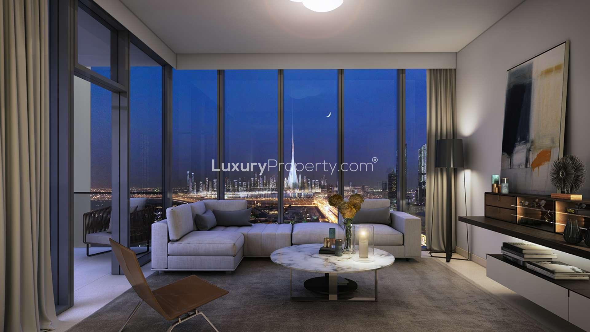 Luxurious Downtown Dubai apartment living room with Burj Khalifa view, modern decor, spacious layout