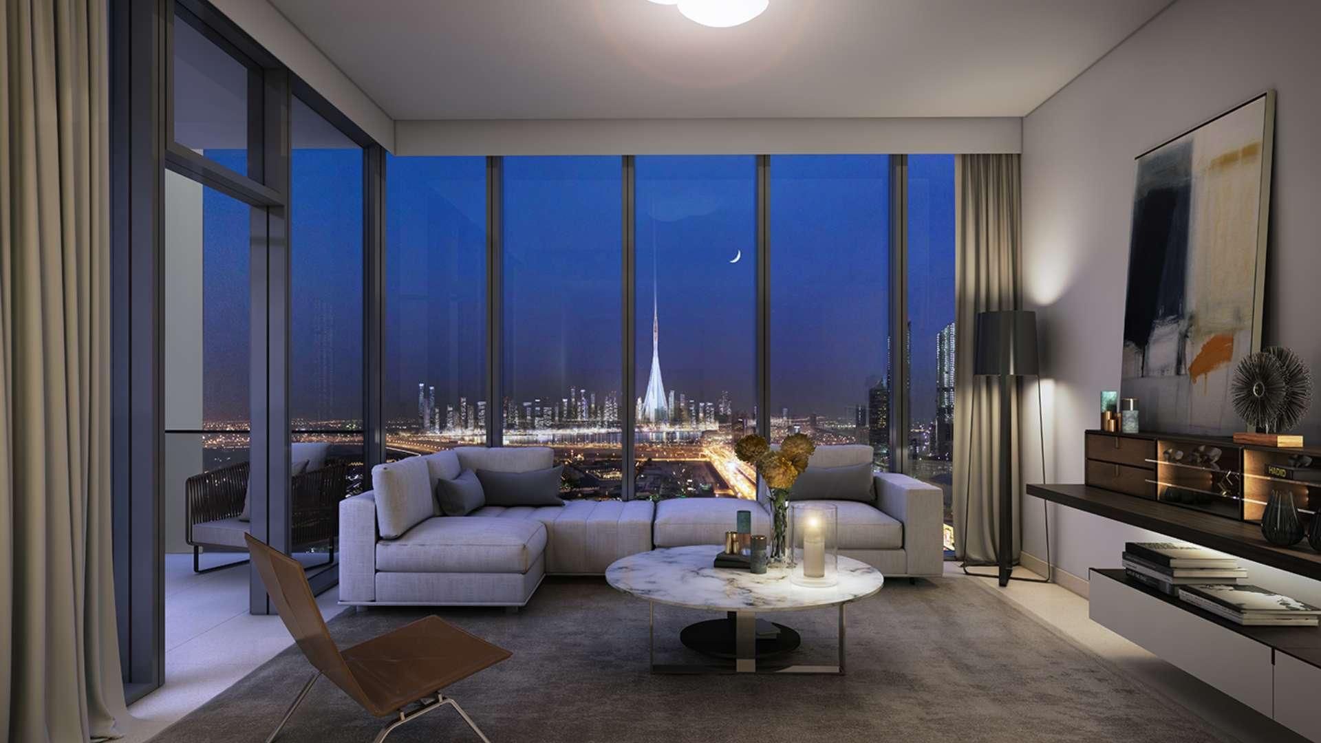 Luxurious Downtown Dubai apartment living room with Burj Khalifa view, modern decor, spacious layout
