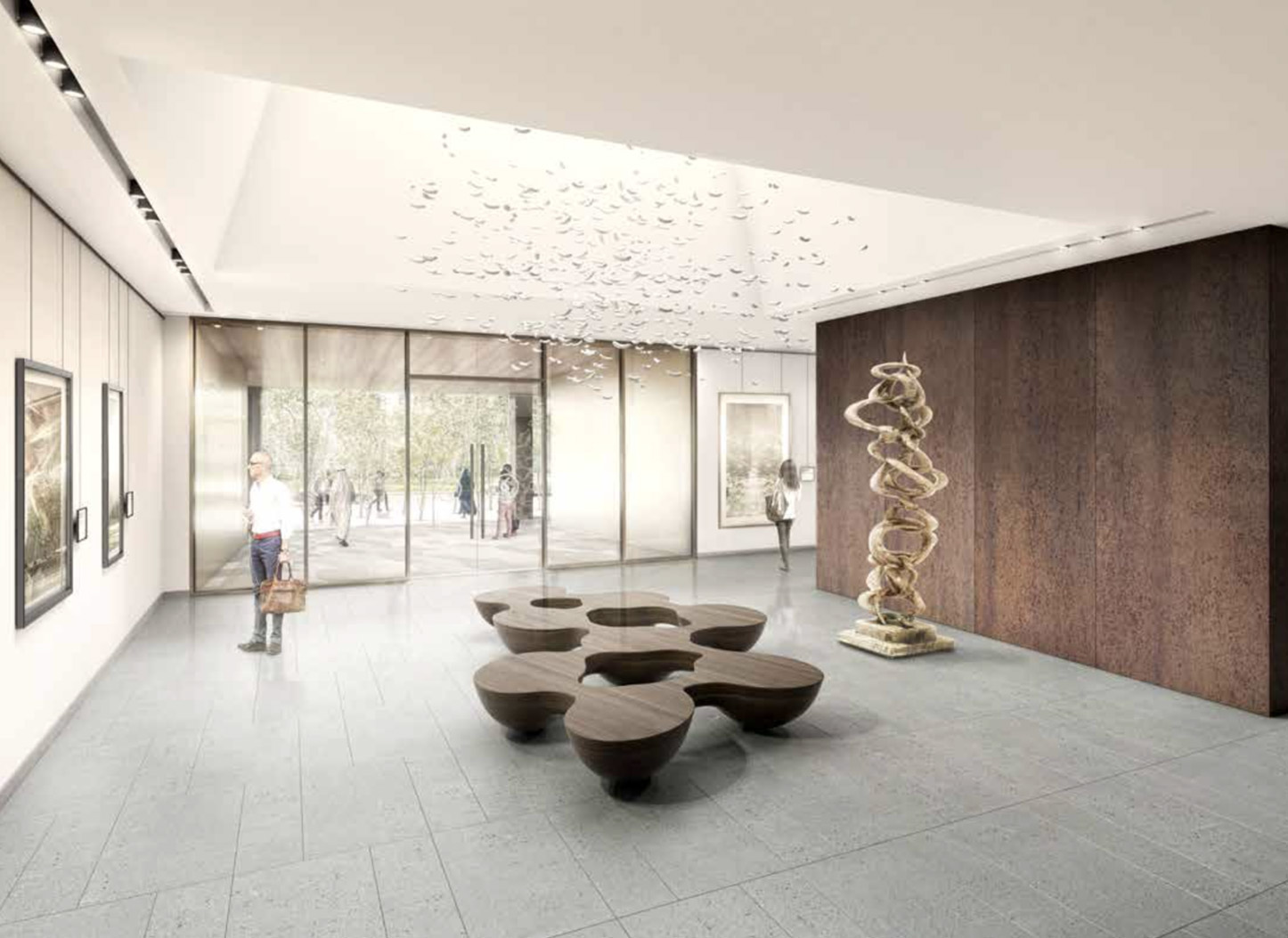 "Modern living room in DT1 Downtown Dubai apartment with open kitchen and stylish decor.",Modern lobby area in DT1 Downtown Dubai apartment building with unique decor and lighting