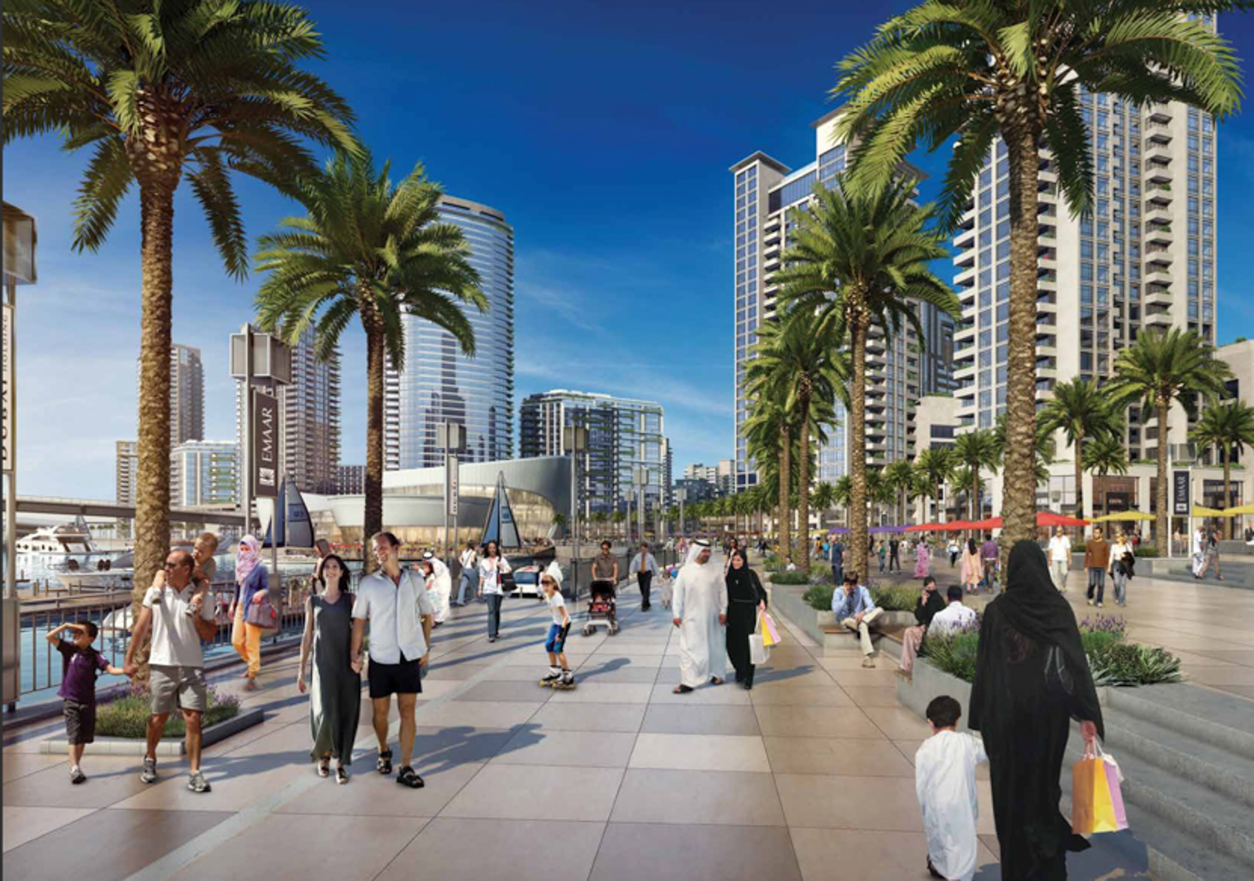 Dubai Creek Harbour vibrant community scene with cafes, palm trees, and waterfront views