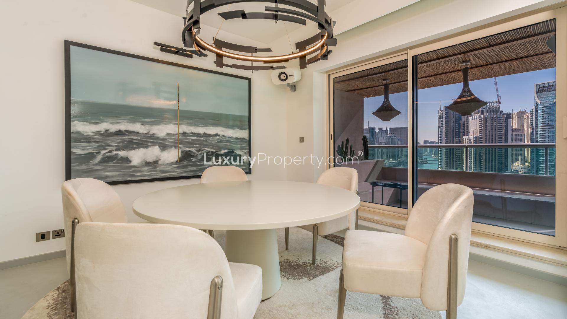 Sleek living room with modern decor in upgraded Dubai Marina apartment, Emaar 6 Towers