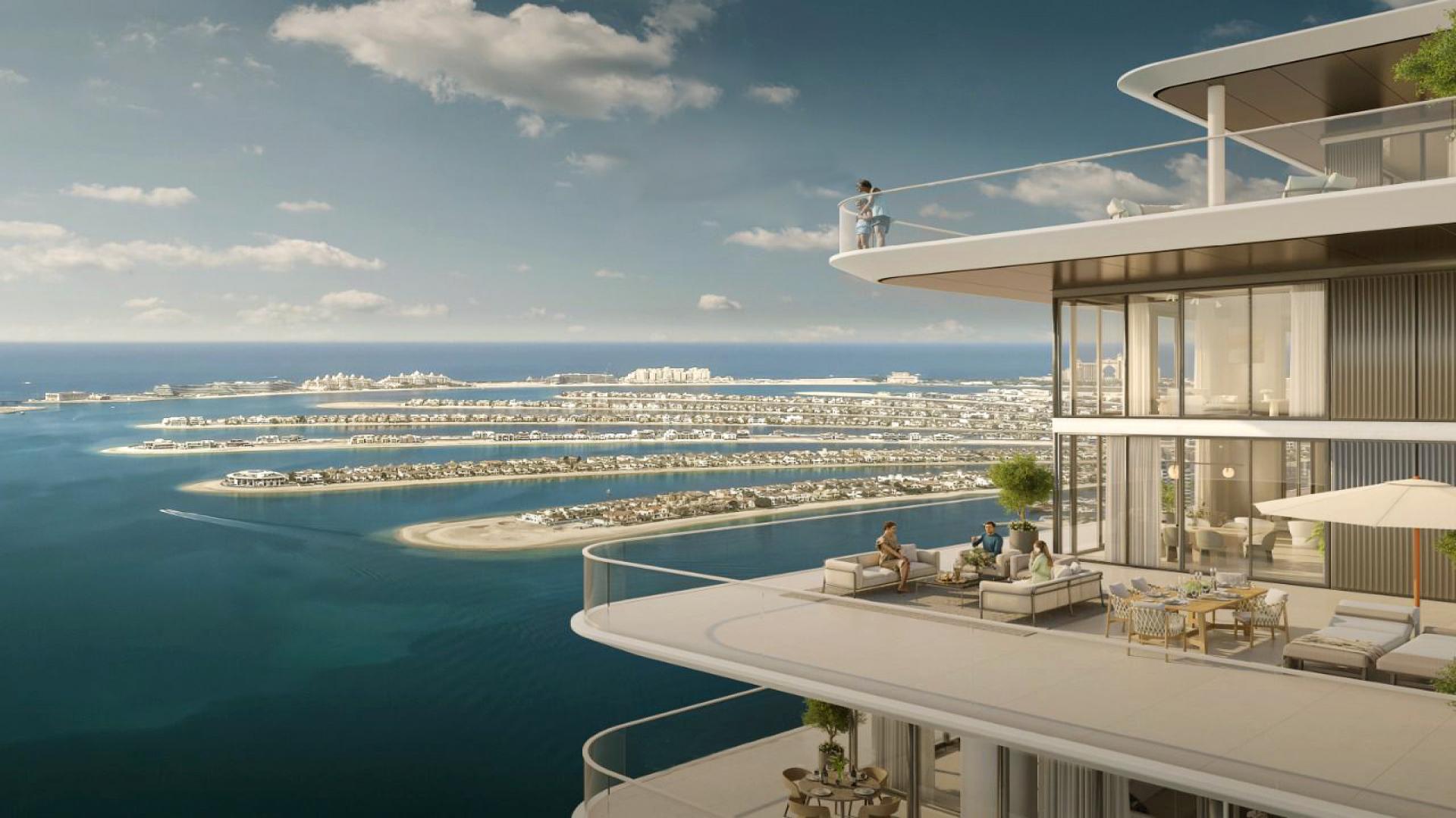 Luxury living room in Emaar Beachfront apartment, Dubai Harbour, with stylish decor and sea view