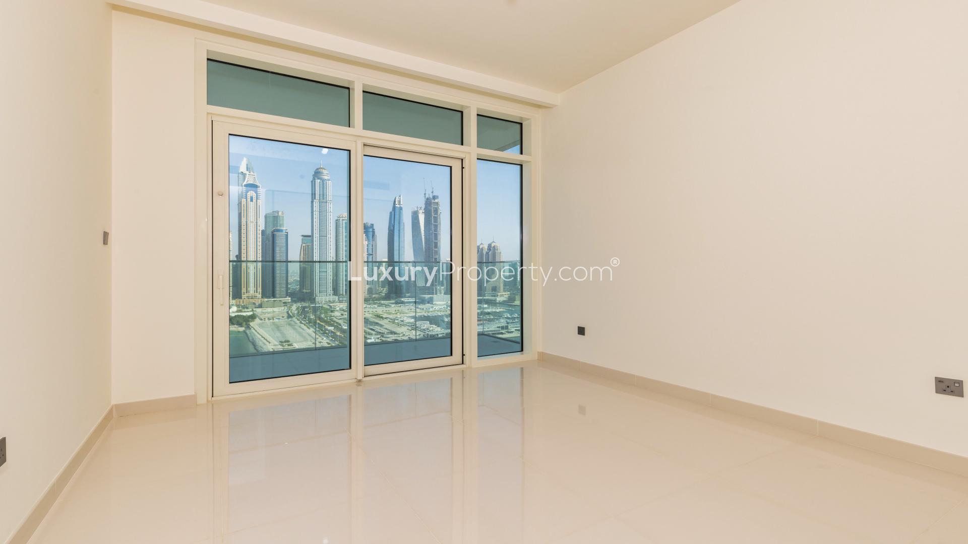 Panoramic skyline and sea view from Emaar Beachfront apartment in Dubai Harbour