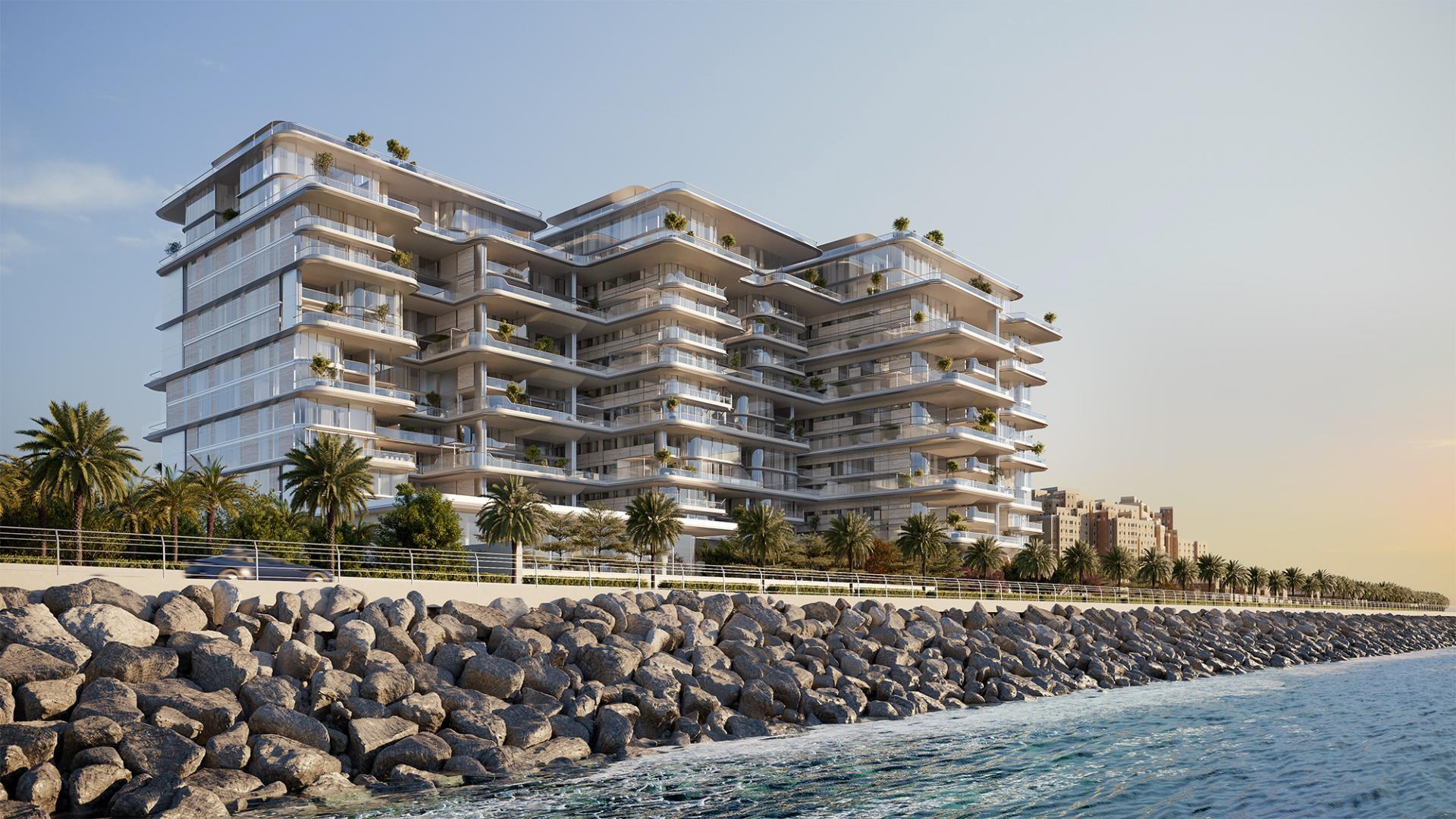 Oceanfront apartment building at Orla by Omniyat, Palm Jumeirah, with modern architecture