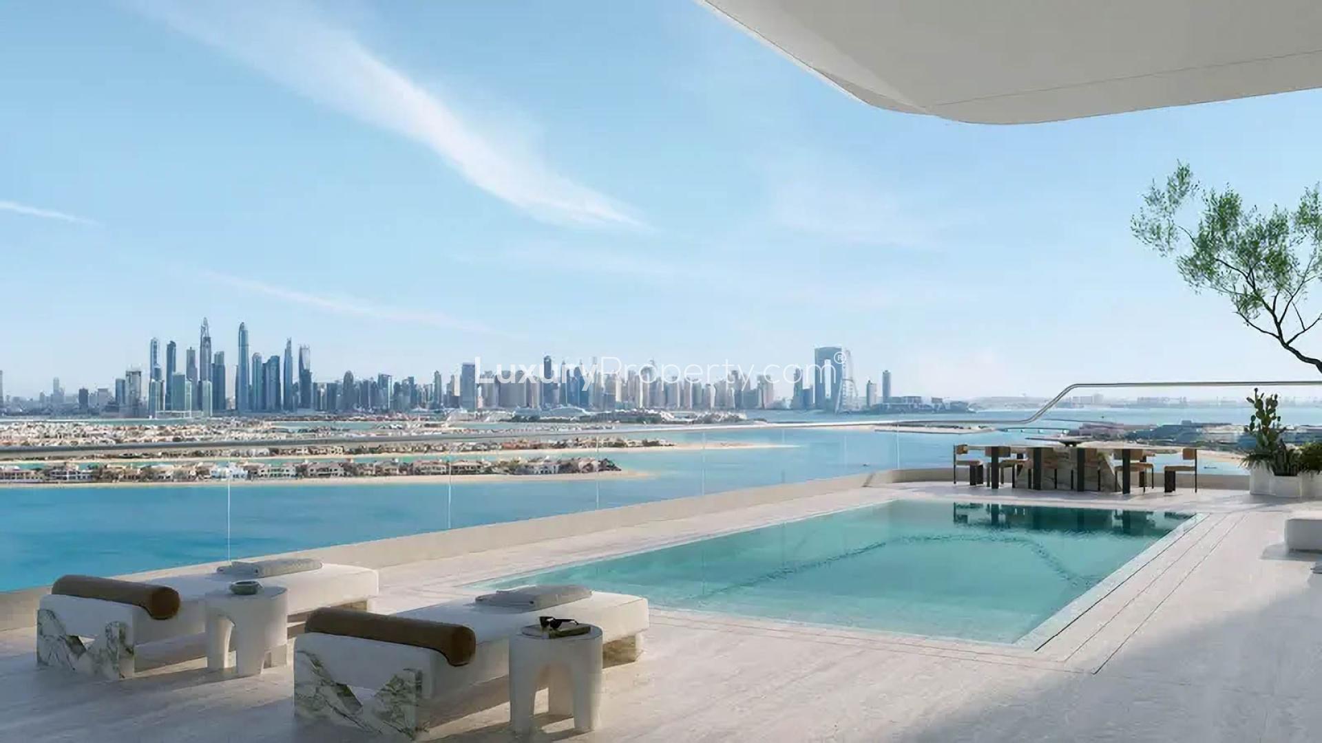 Luxurious Palm Jumeirah apartment living room with stunning city skyline view for sale
