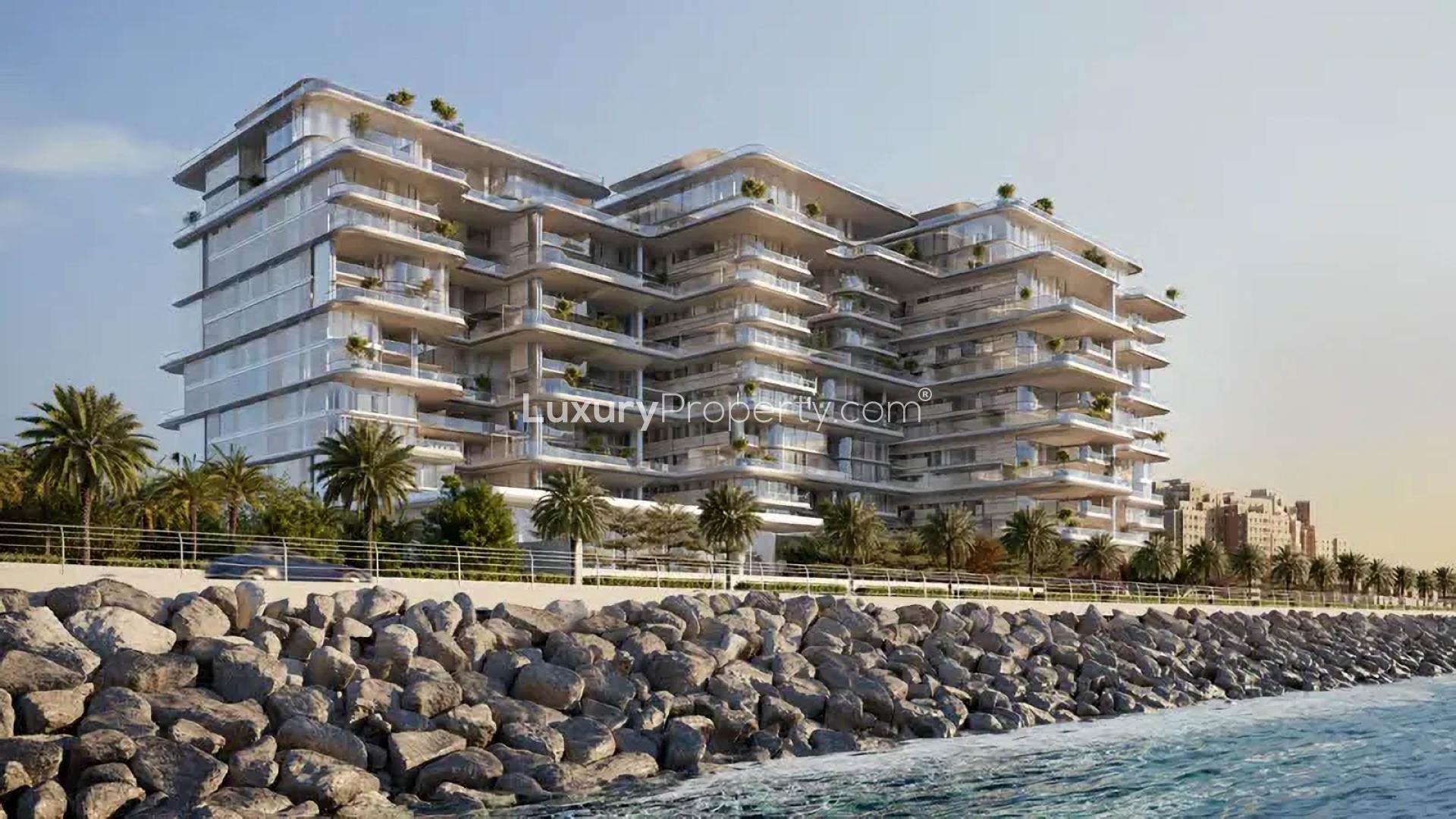 Luxurious apartment balcony view at Orla by Omniyat, Palm Jumeirah, overlooking Dubai skyline