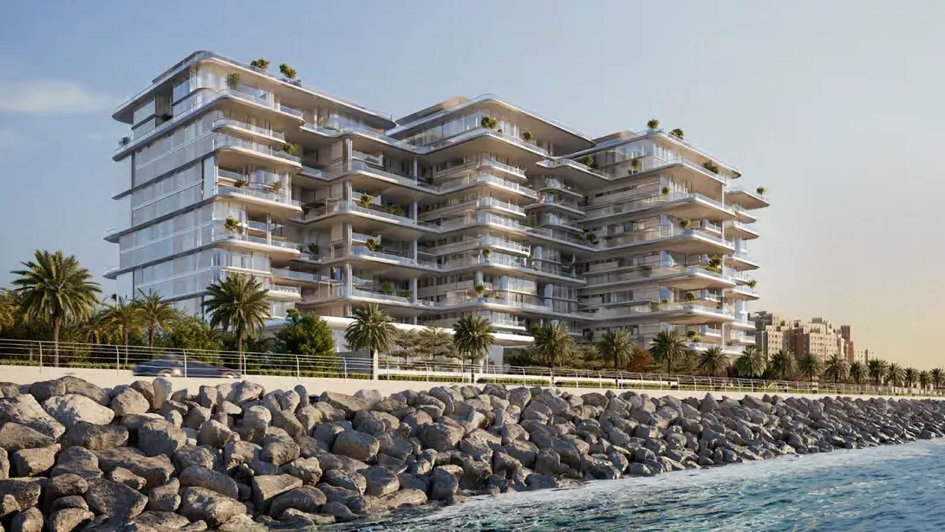 Luxurious apartment balcony view at Orla by Omniyat, Palm Jumeirah, overlooking Dubai skyline