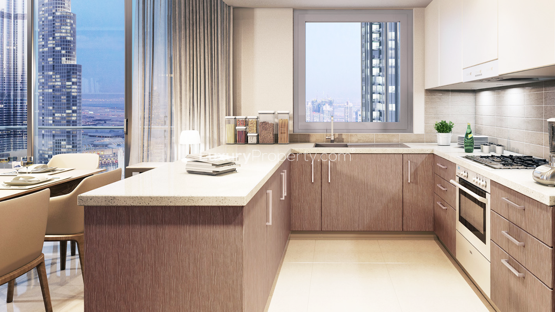 Modern kitchen with city view in Forte 2 apartment, Downtown Dubai
