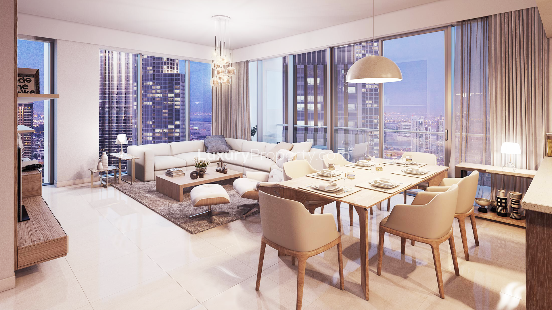 "Forte 2 Apartment view, Downtown Dubai skyline, near Burj Khalifa, for sale.",Luxurious living room and dining area in Forte 2 apartment, Downtown Dubai