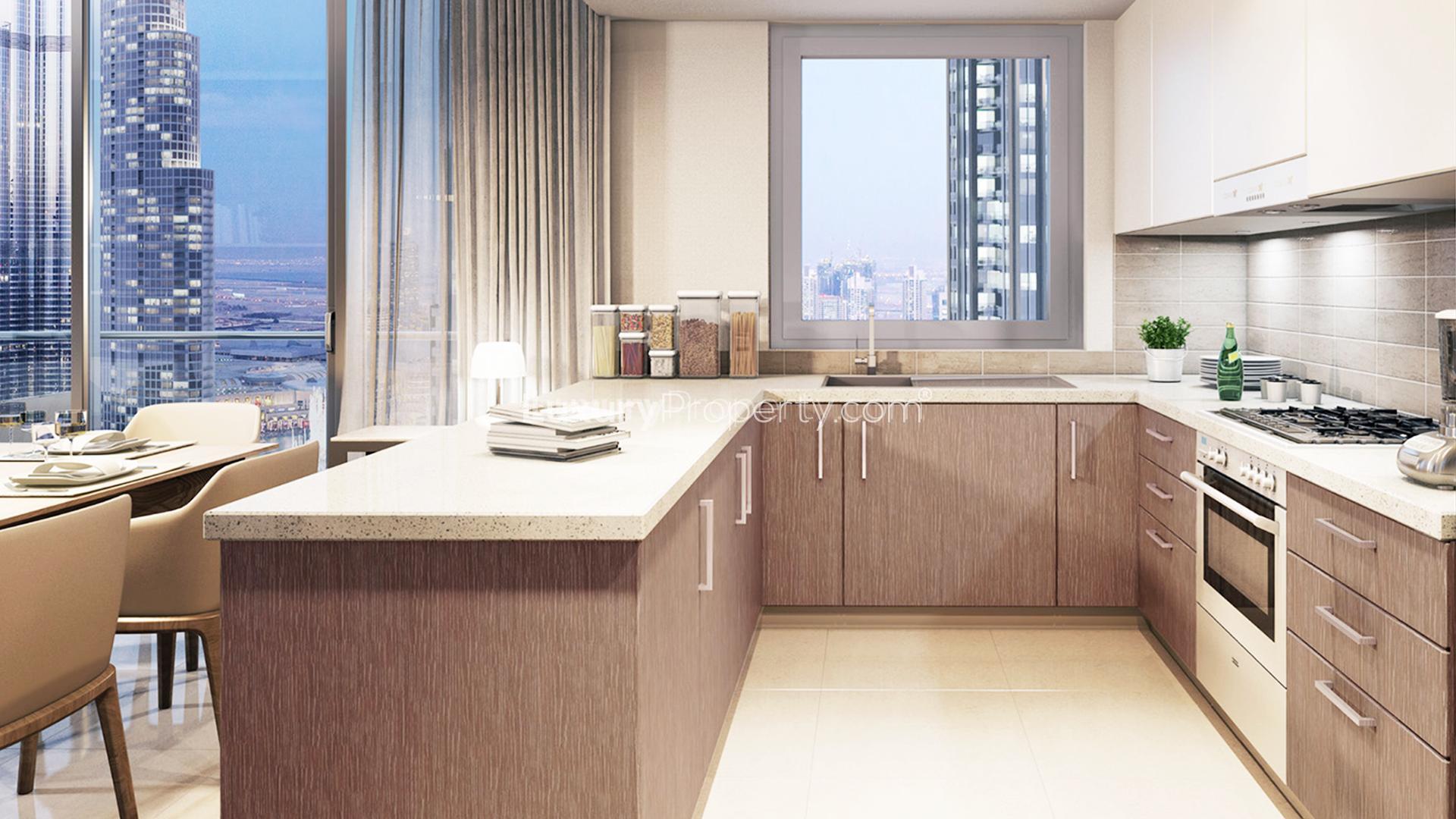 Luxurious living room in Forte apartment with downtown Dubai skyline views, high floor