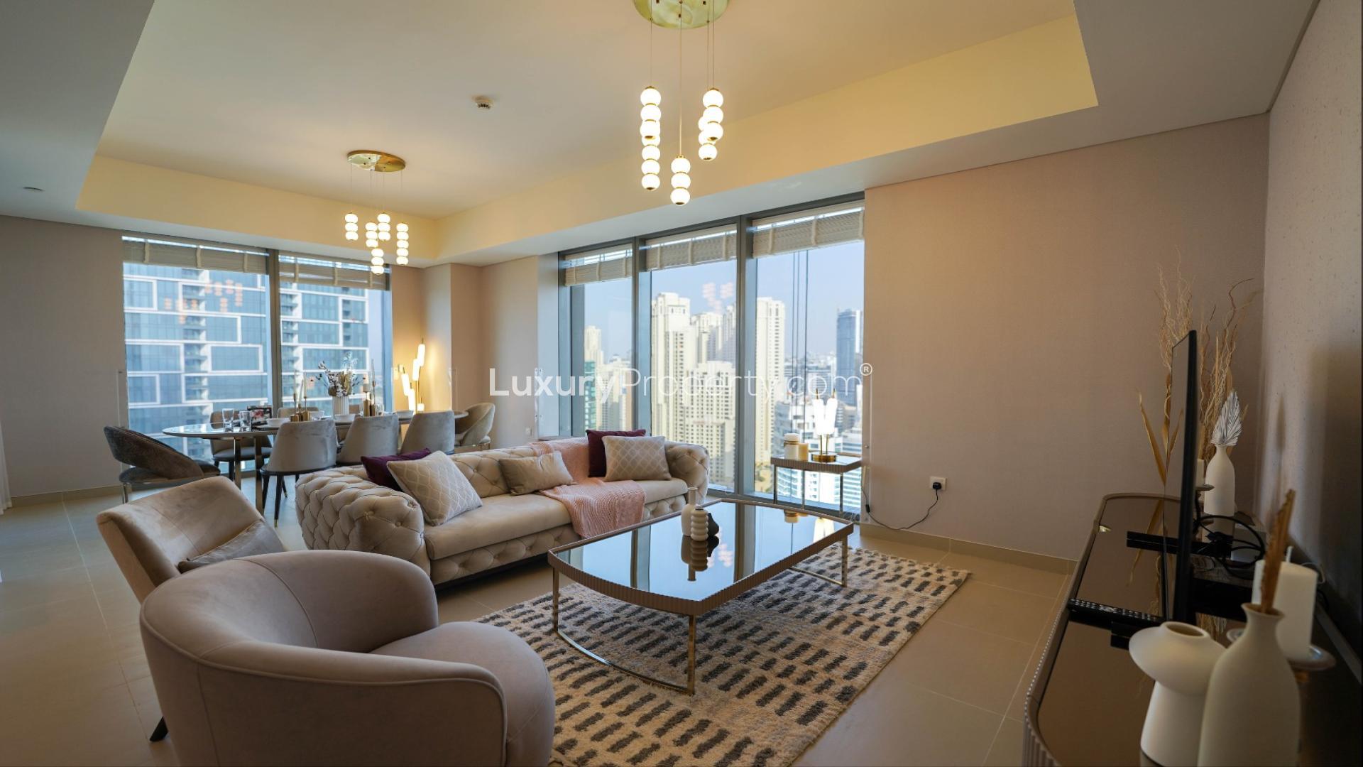 Luxury 3-bedroom apartment living room with stunning Dubai Marina view, 5242 sub-community
