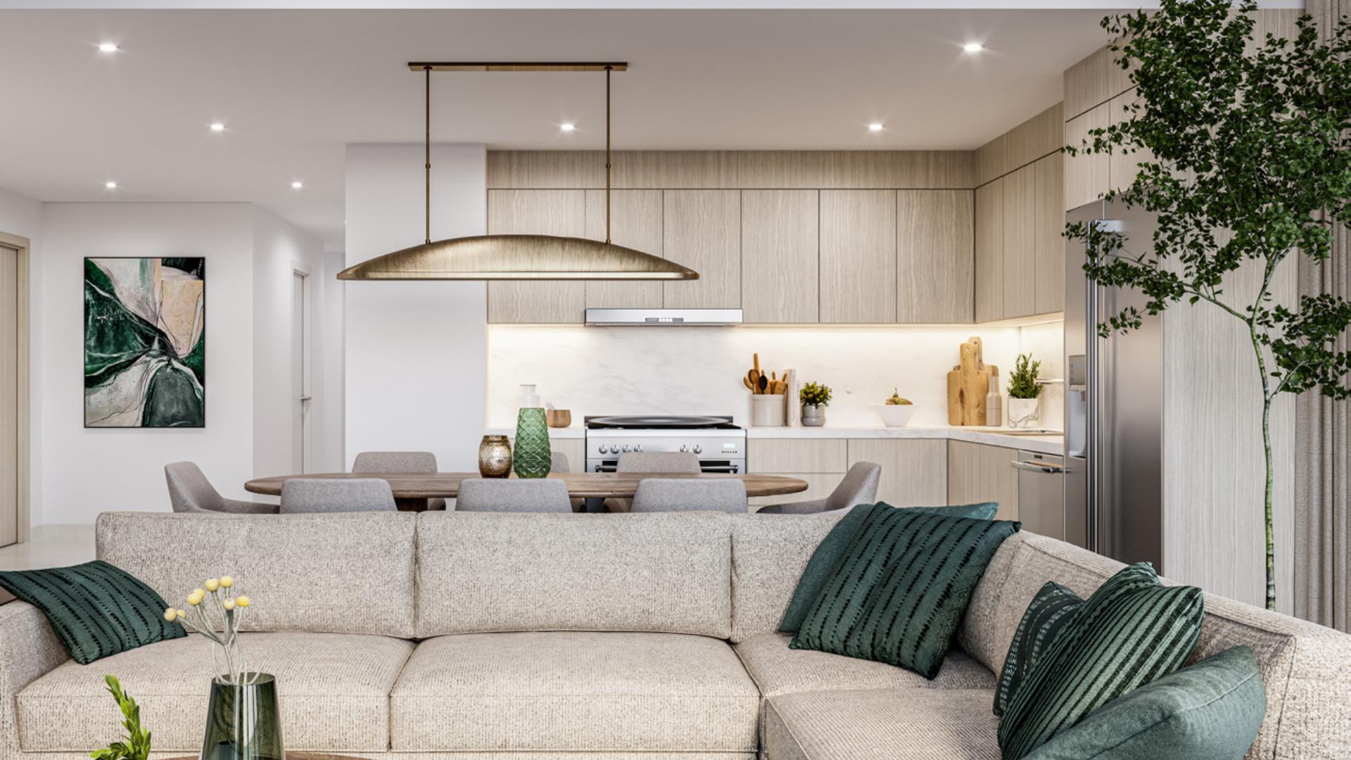 Luxurious Golf Heights apartment interior with large terrace and stunning Emirates Hills view