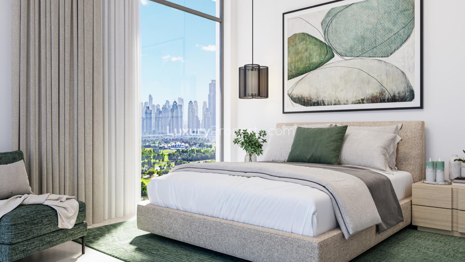 Modern kitchen and living area in 3-bedroom Golf Heights apartment, Emirates Hills 2