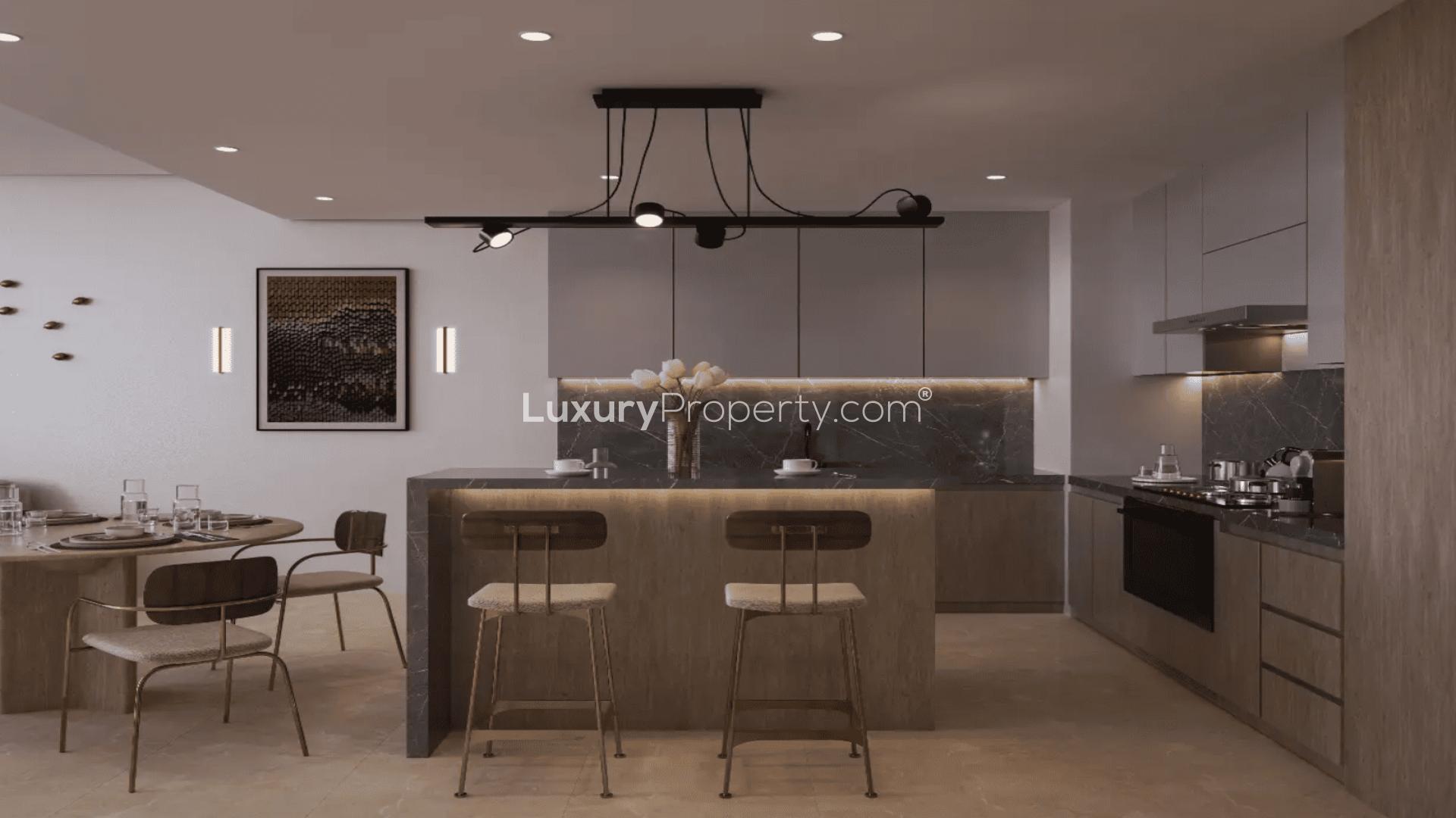 Modern living room with elegant decor in Meydan apartment, featuring stylish furniture and lighting