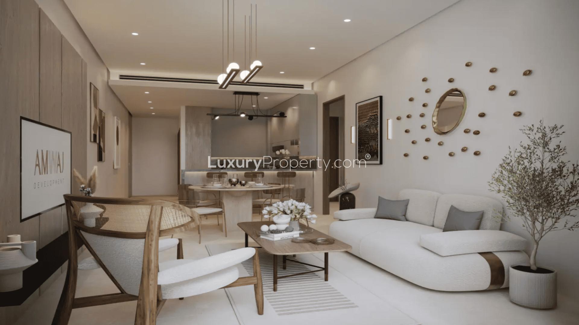 Modern living room in boutique-style 3-bed apartment, Meydan, Starlight Park, for sale