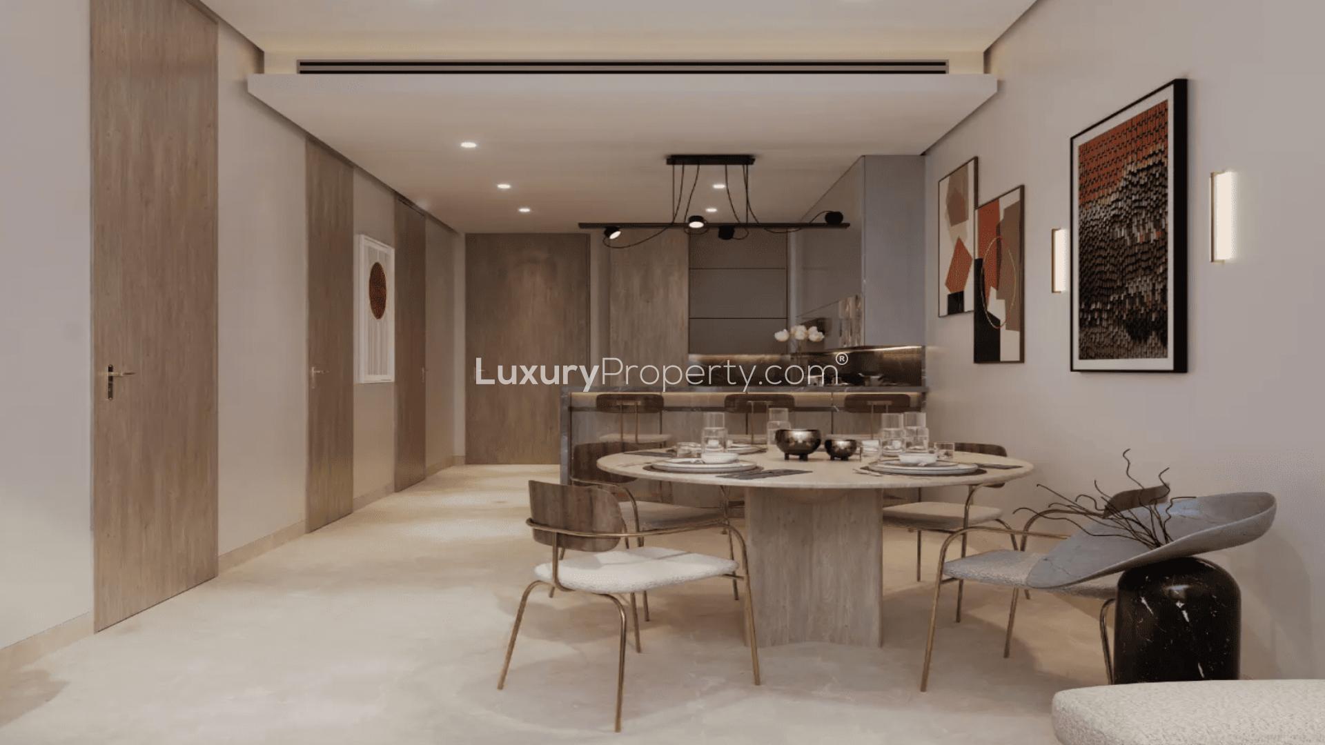 Modern kitchen with sleek design in Meydan's boutique-style 3-bed apartment for sale