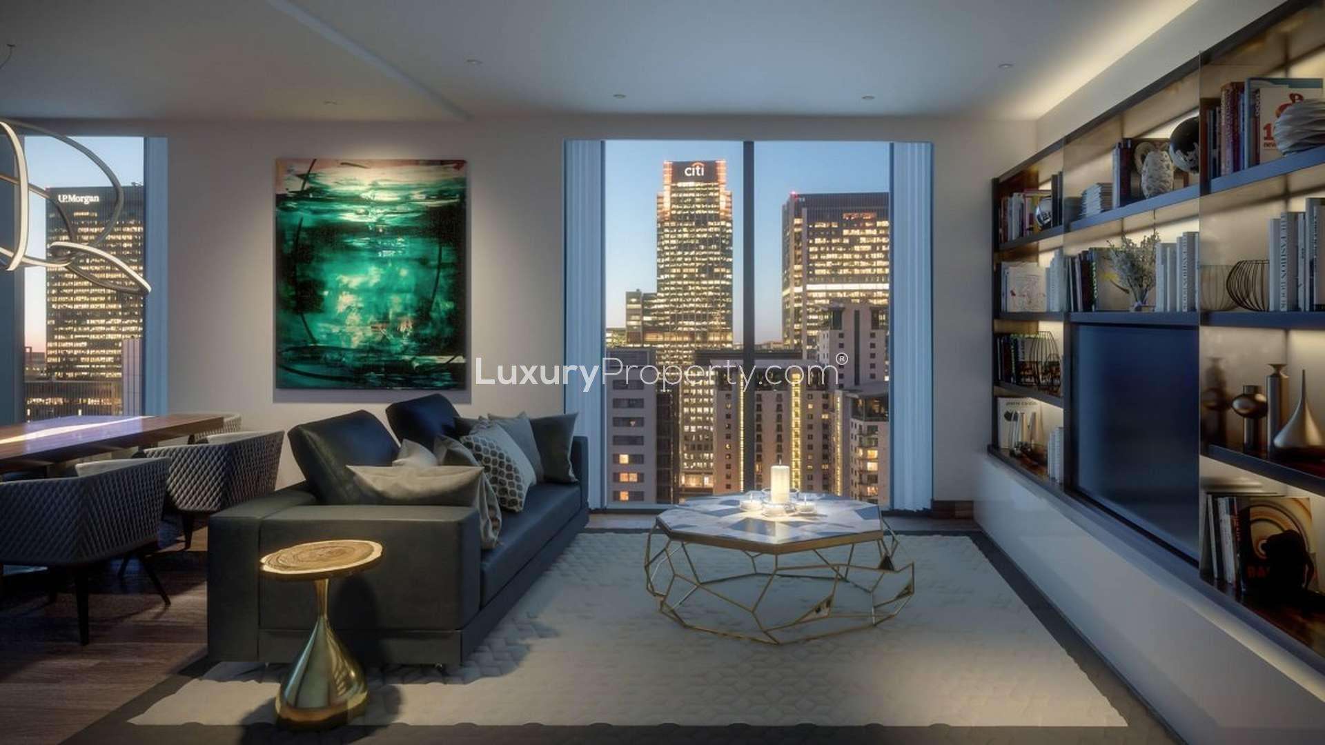 Modern kitchen and dining area in furnished apartment, Harbour Central, Canary Wharf, London