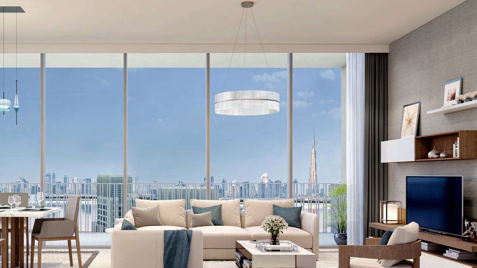 Modern apartment terrace with Dubai Creek Harbour skyline view at Harbour Gate