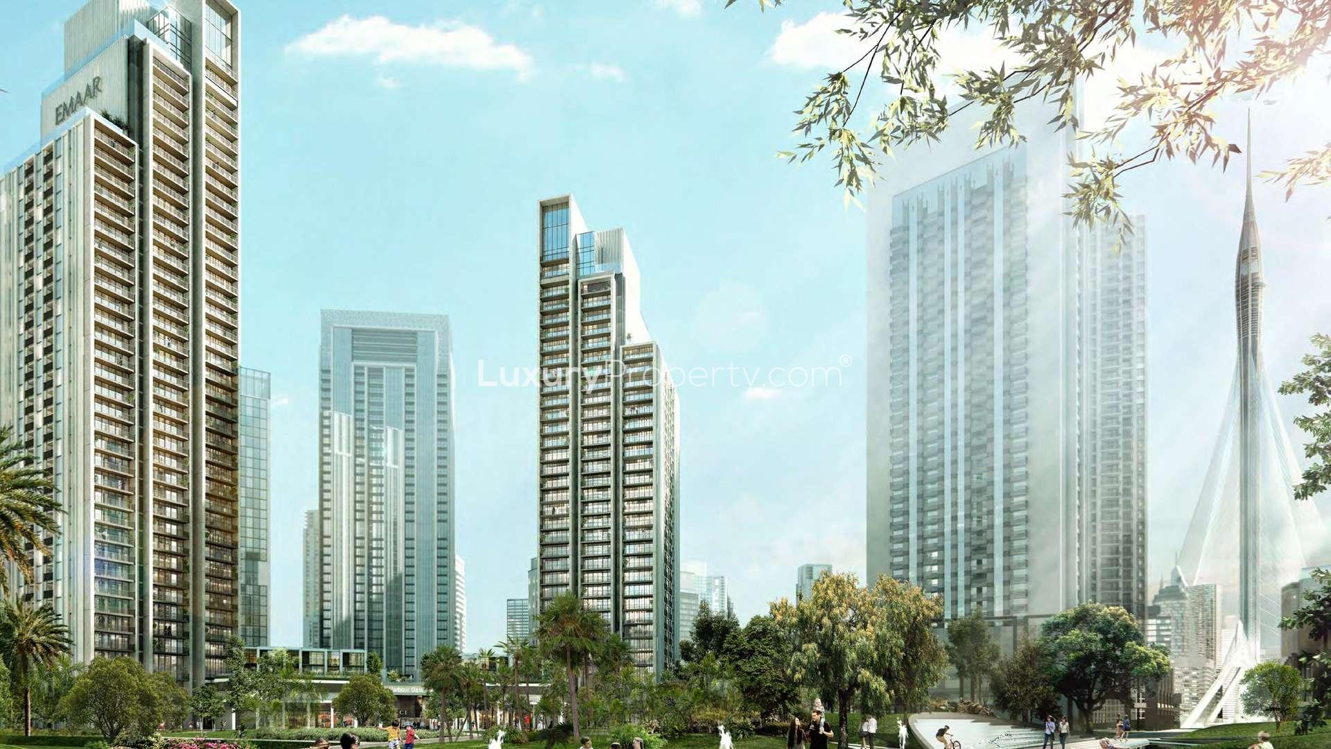 Luxury living room view in 3-bedroom apartment, Harbour Gate, Dubai Creek Harbour