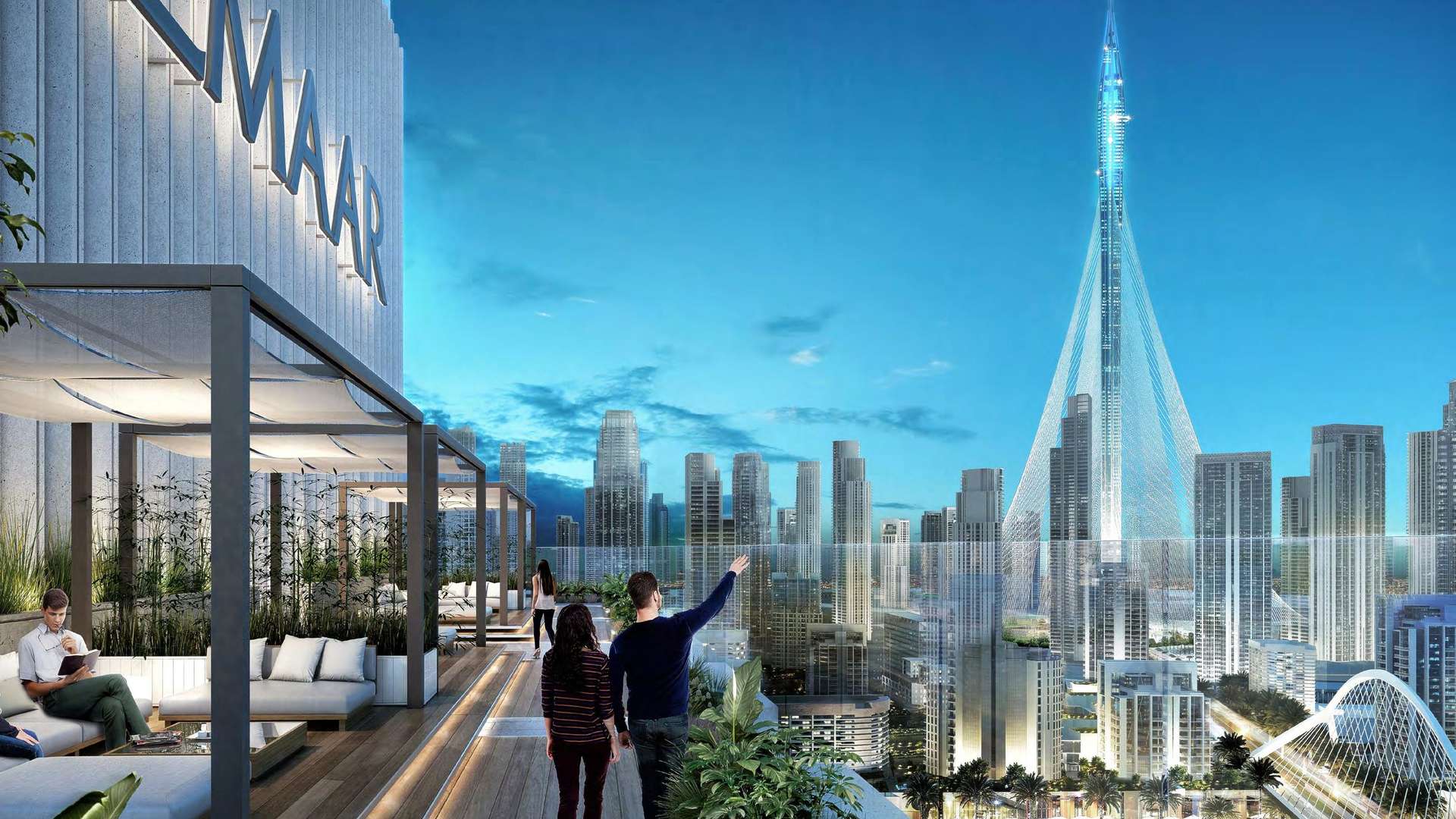 Luxurious bedroom in Dubai Creek Harbour apartment with stunning cityscape views through large window