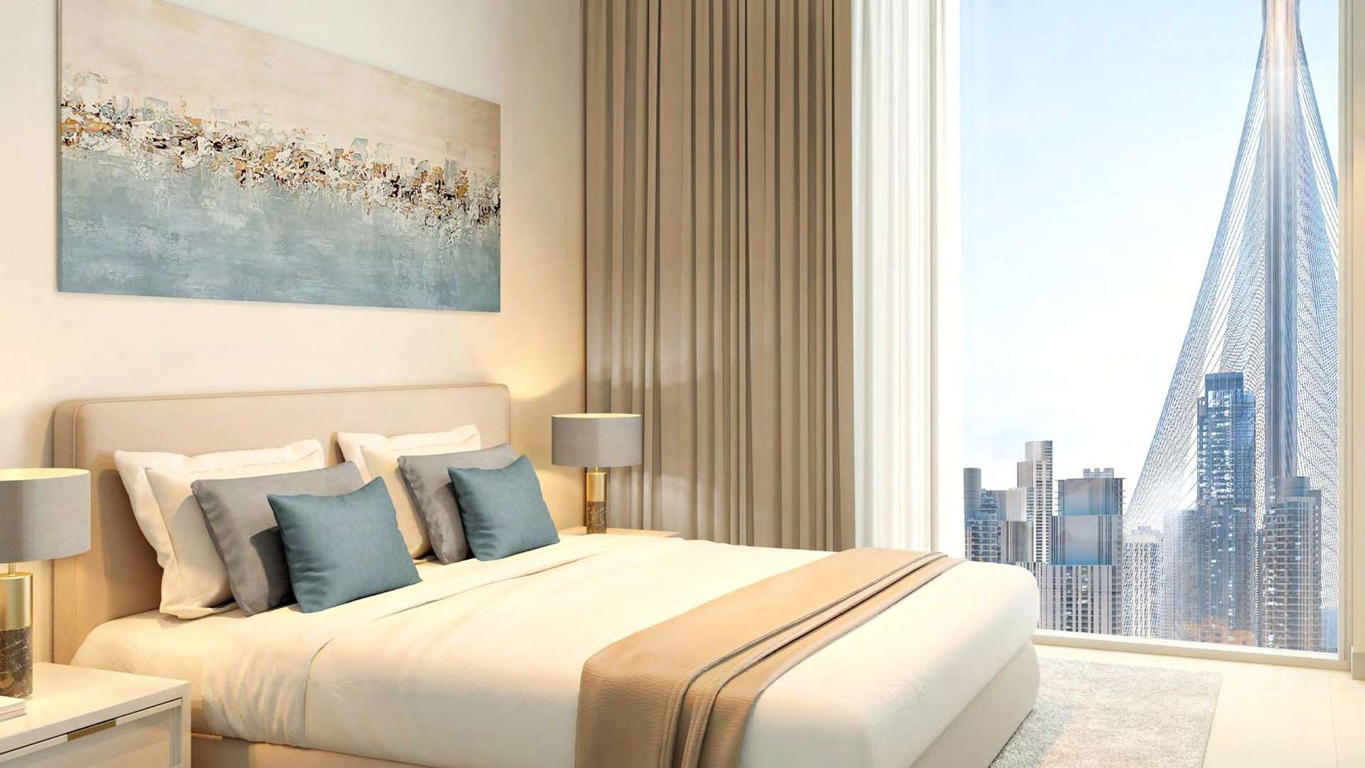 Luxurious living room in Harbour Gate apartment with stunning Dubai Creek Harbour views