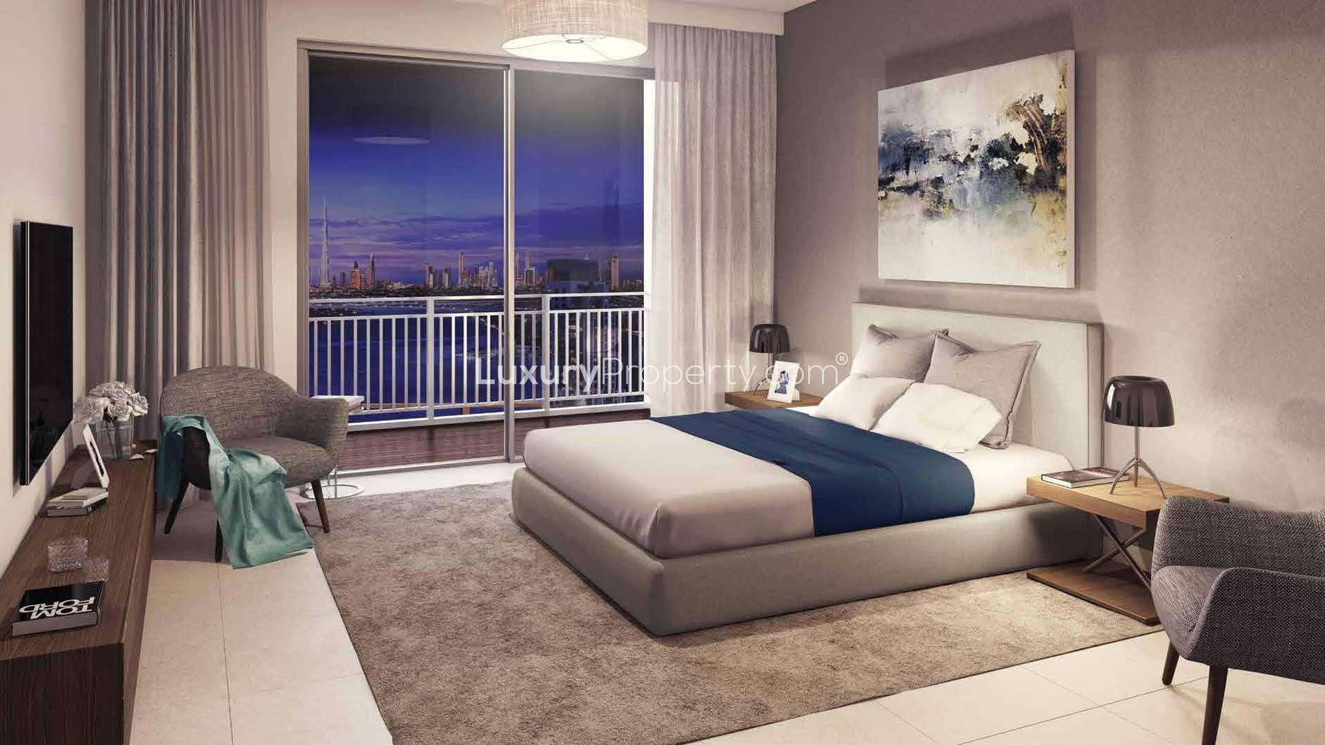 Contemporary apartment living room with city skyline view, Harbour Views, Dubai Creek Harbour