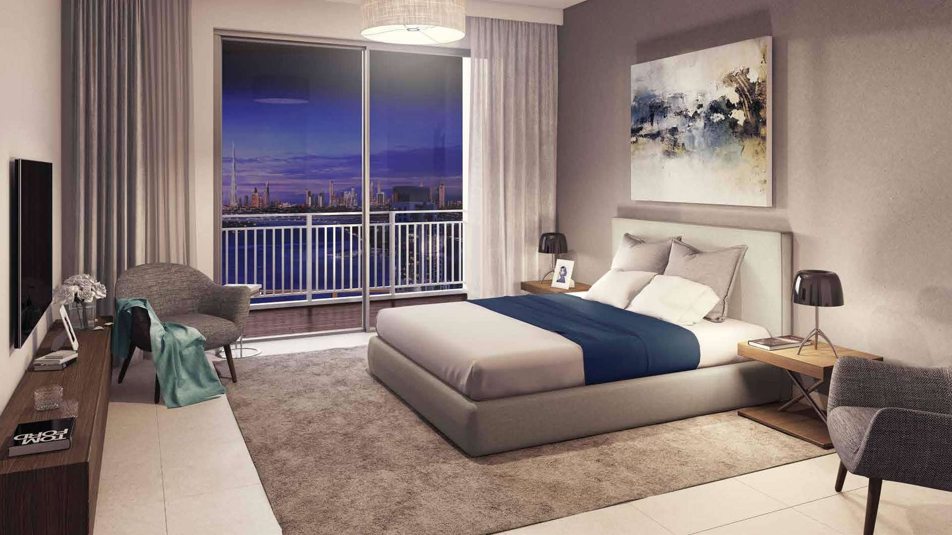 Contemporary apartment living room with city skyline view, Harbour Views, Dubai Creek Harbour