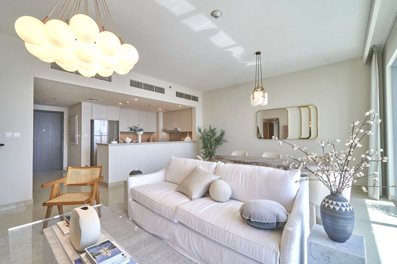 Modern living room in three-bedroom apartment, Harbour Views, Dubai Creek Harbour