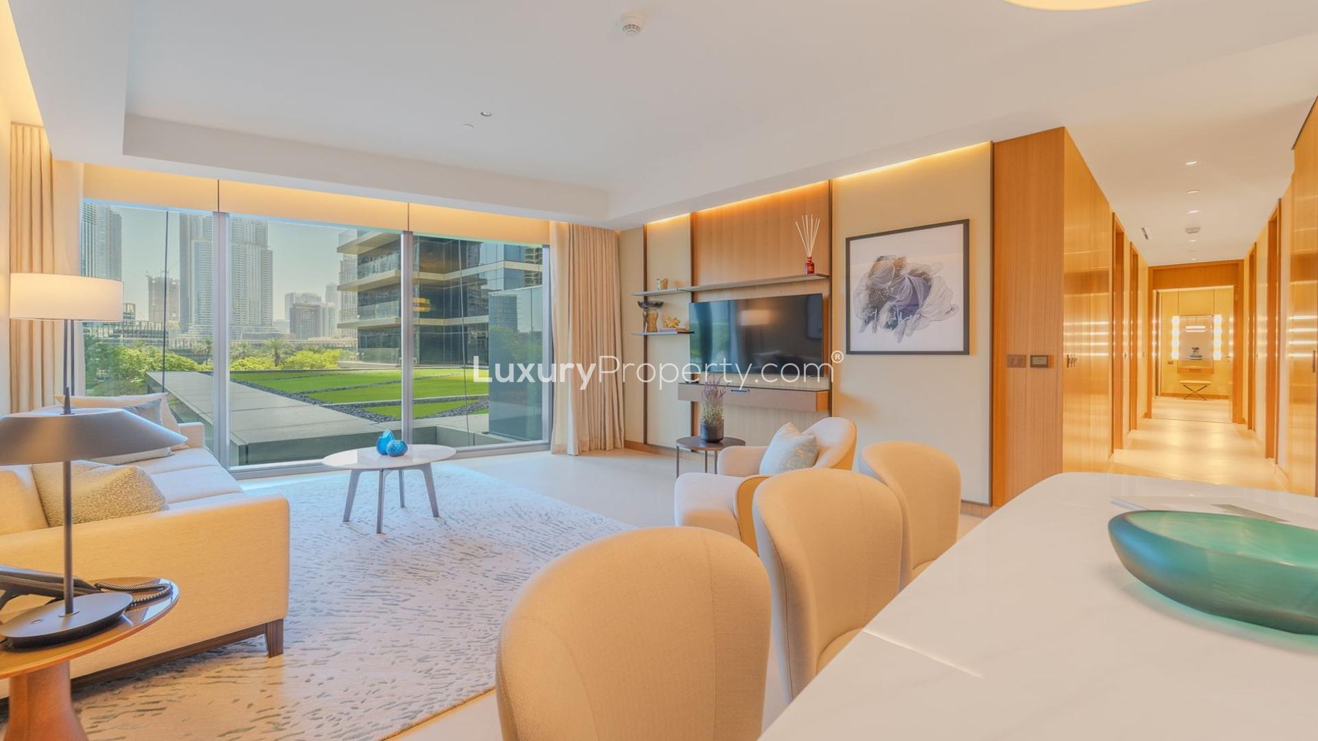 Modern living room in fully furnished 3-bed apartment, Address Dubai Opera, Downtown Dubai