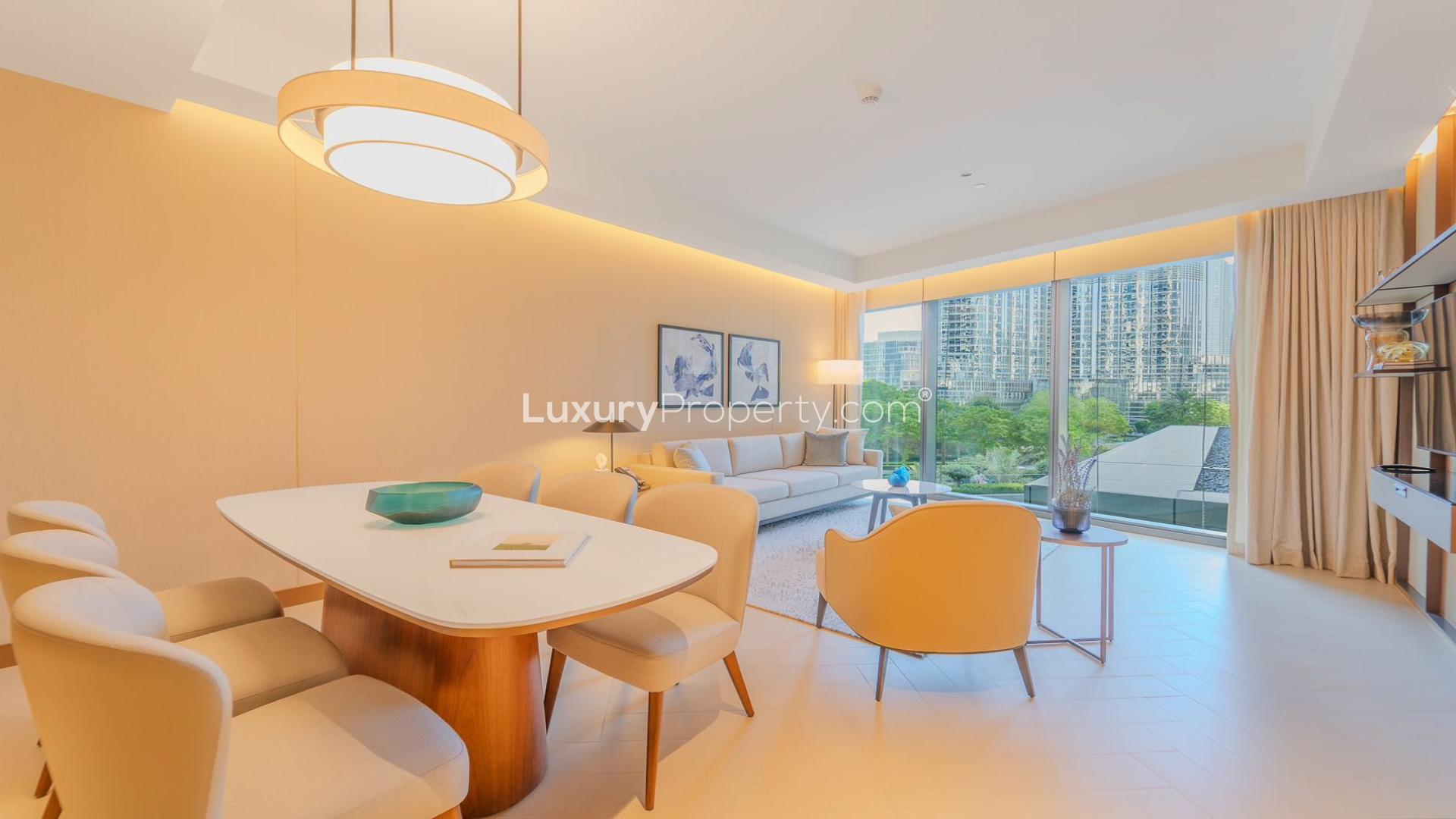 Furnished living room in Address Residences apartment with iconic views, Downtown Dubai