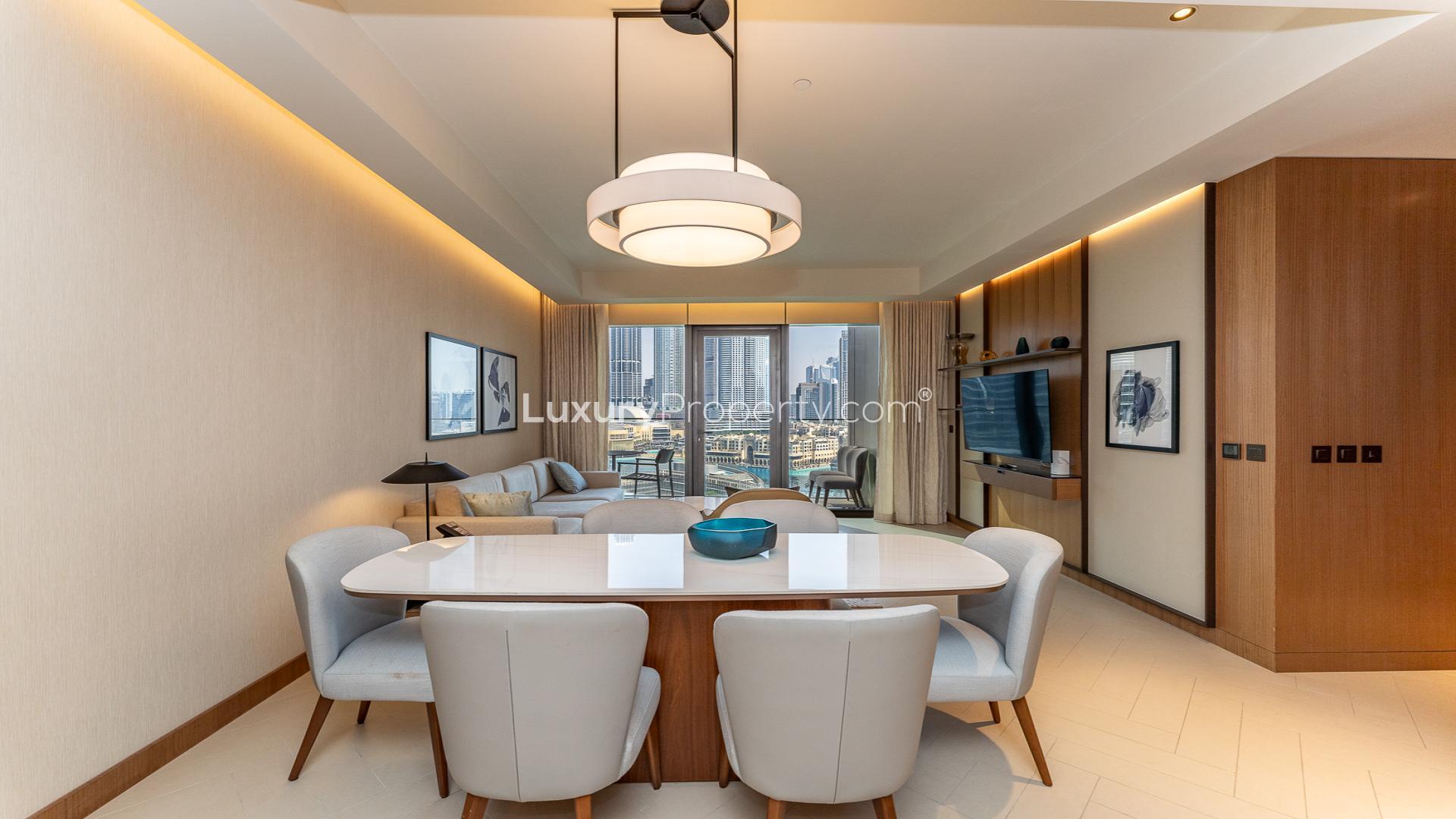 Modern living room in Downtown Dubai apartment with cityscape view, The Address Residences Dubai Opera