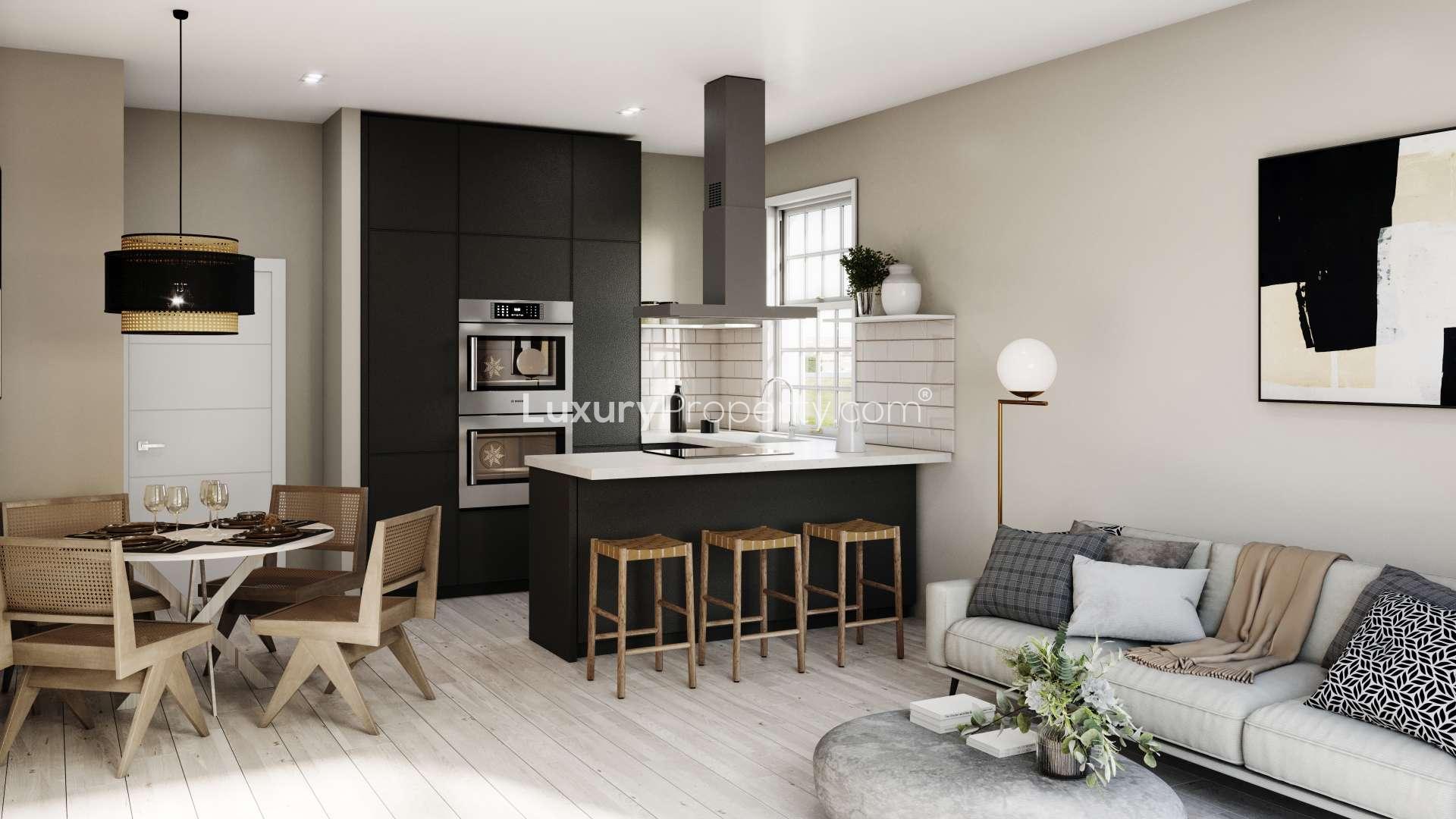 Modern living room in 3-bedroom apartment, Homestead House, London, with balcony view