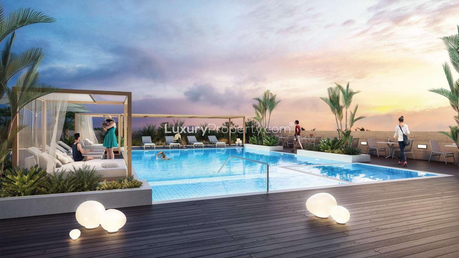 Elegant bedroom in 3-bedroom apartment, Kensington Waters, Meydan, with modern decor and city view