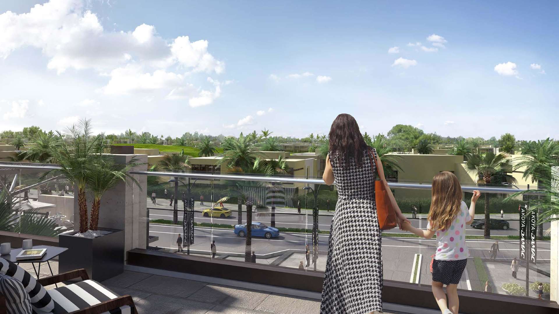 Furnished Kiara Apartment balcony with golf course view, Dubailand real estate for sale