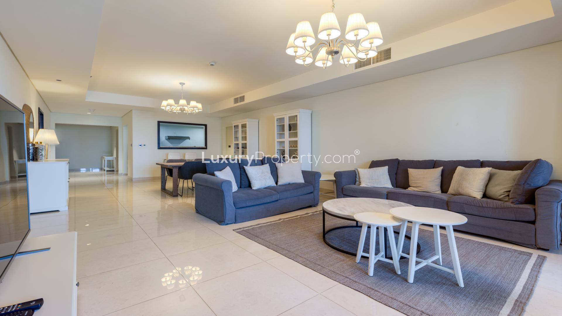 Balcony with sea view in Palm Jumeirah apartment, Kingdom of Sheba community, for sale