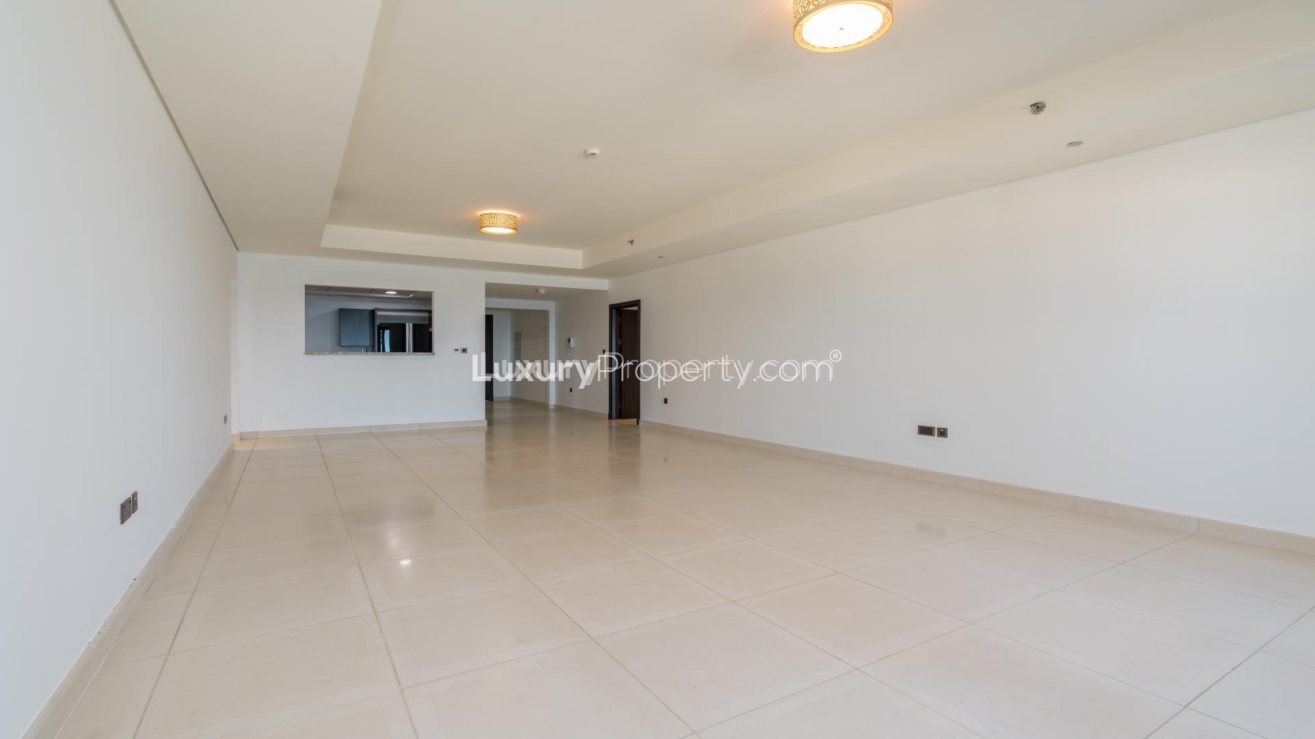 Elegant villa living room with large windows, Palm Jumeirah, Kingdom of Sheba