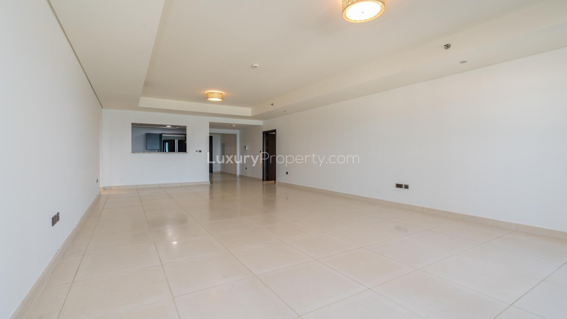 Elegant villa living room with large windows, Palm Jumeirah, Kingdom of Sheba