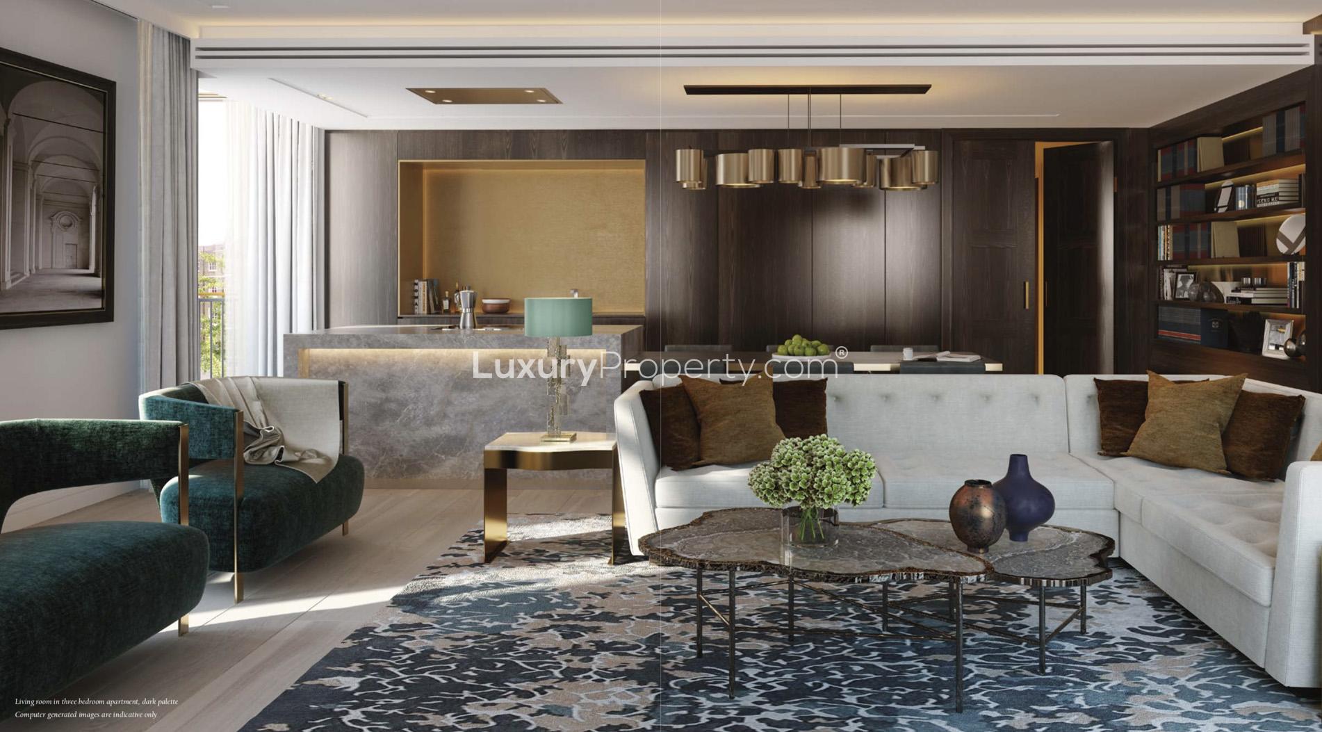 Modern living and dining area in Lincoln Square, London apartment for sale