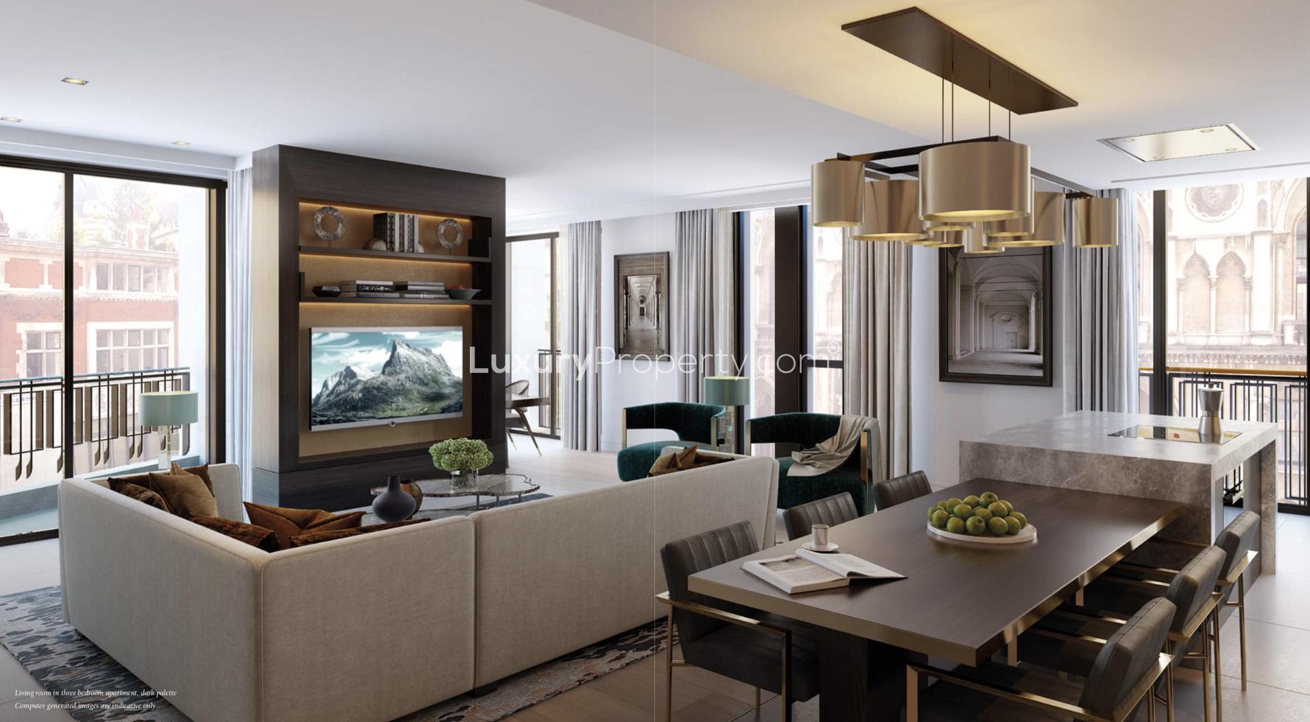 Modern dining area in three-bedroom apartment, Lincoln Square, London. Elegant decor, sleek design