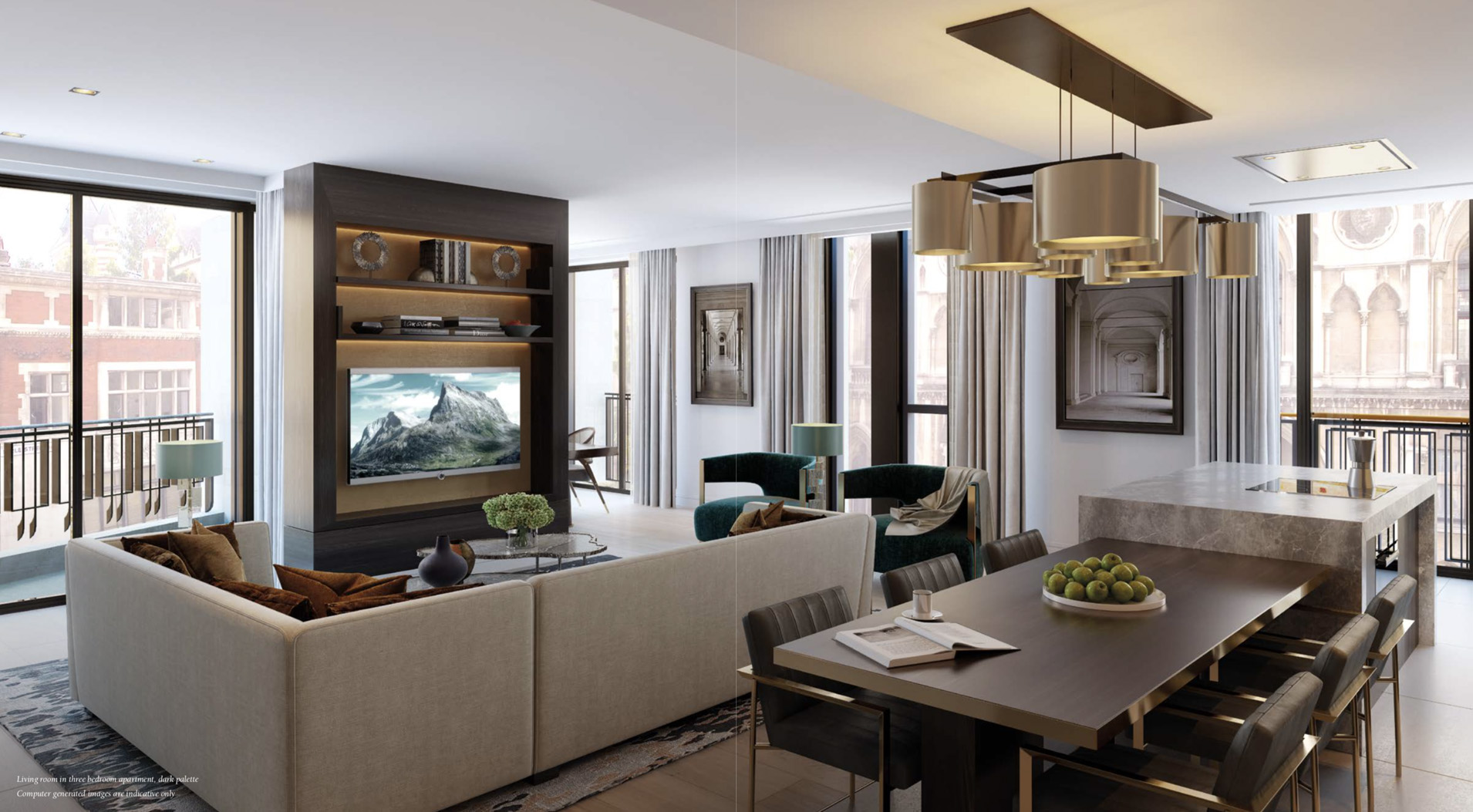 Modern dining area in three-bedroom apartment, Lincoln Square, London. Elegant decor, sleek design
